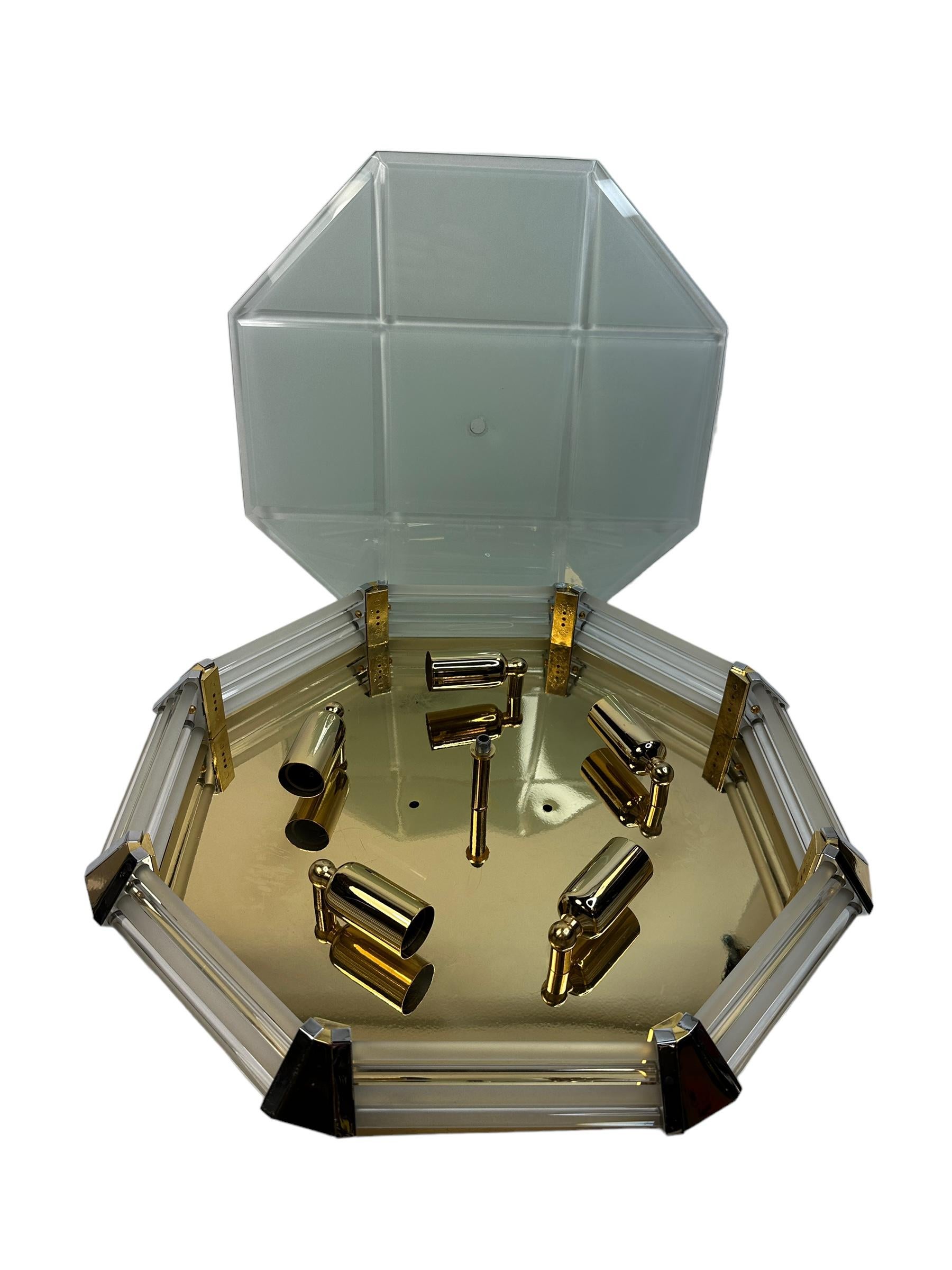 Leola Leuchten Glass, Brass Chrome, Art Deco Style octagonal Flush Mount, 1970s For Sale 7