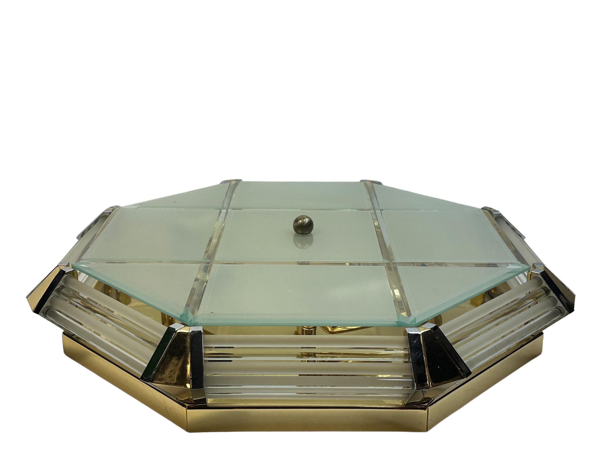 German Leola Leuchten Glass, Brass Chrome, Art Deco Style octagonal Flush Mount, 1970s For Sale