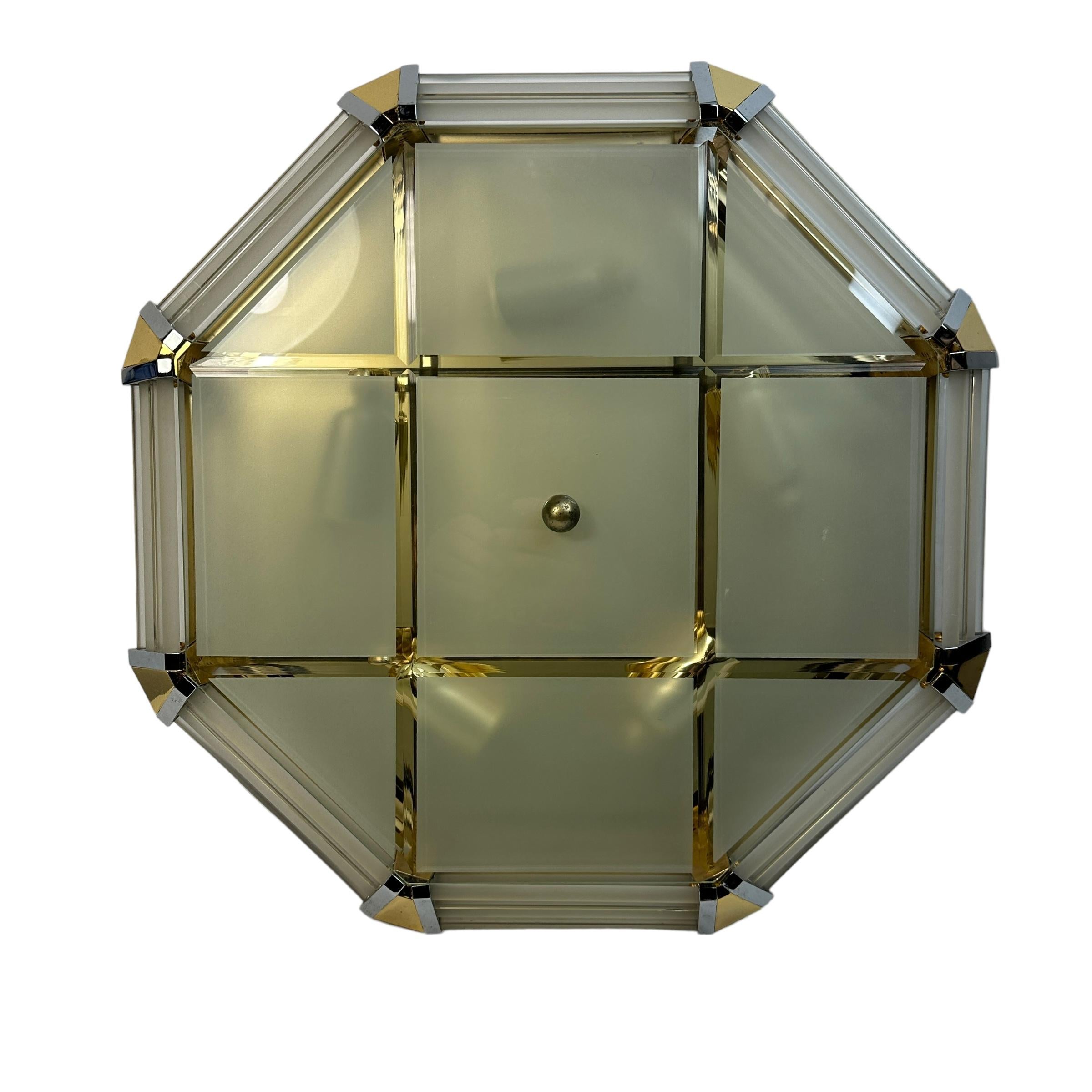 Late 20th Century Leola Leuchten Glass, Brass Chrome, Art Deco Style octagonal Flush Mount, 1970s For Sale