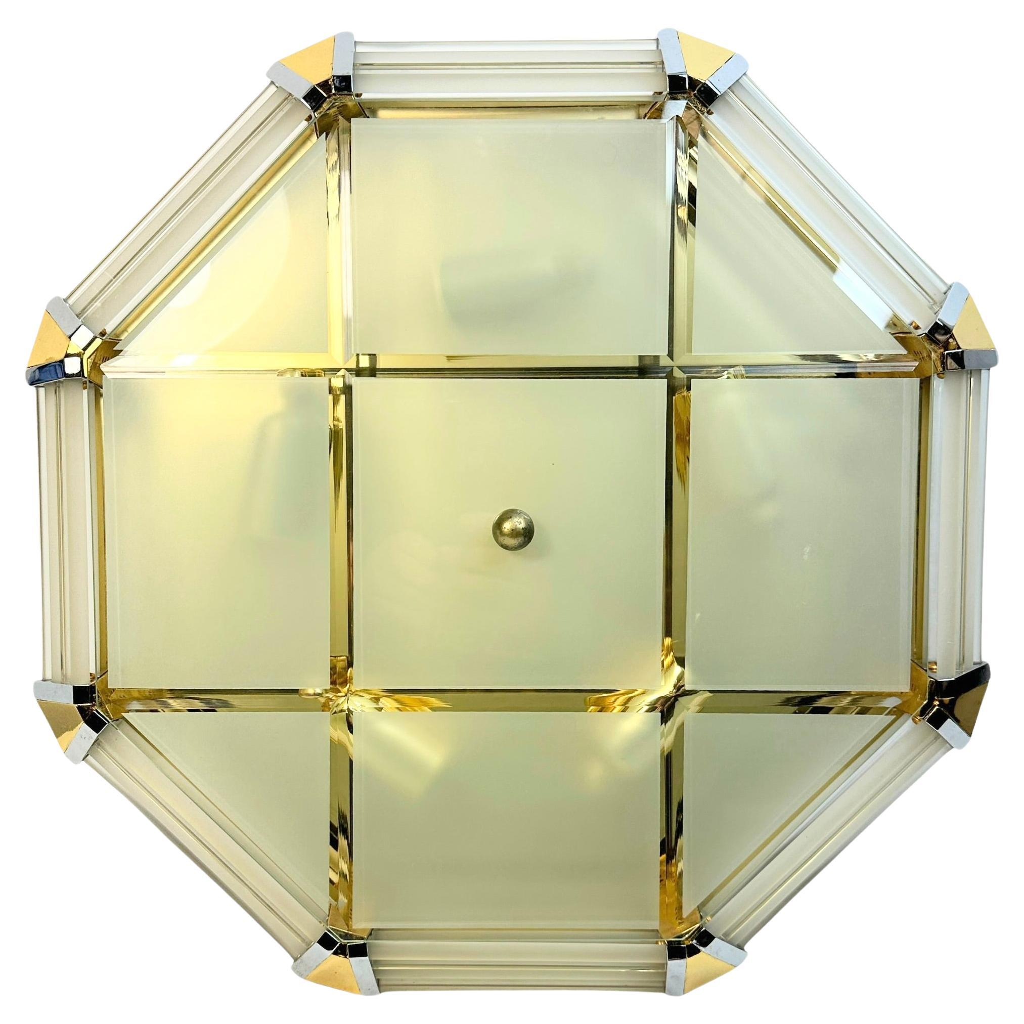 Leola Leuchten Glass, Brass Chrome, Art Deco Style octagonal Flush Mount, 1970s For Sale