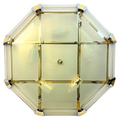 Retro Leola Leuchten Glass, Brass Chrome, Art Deco Style octagonal Flush Mount, 1970s