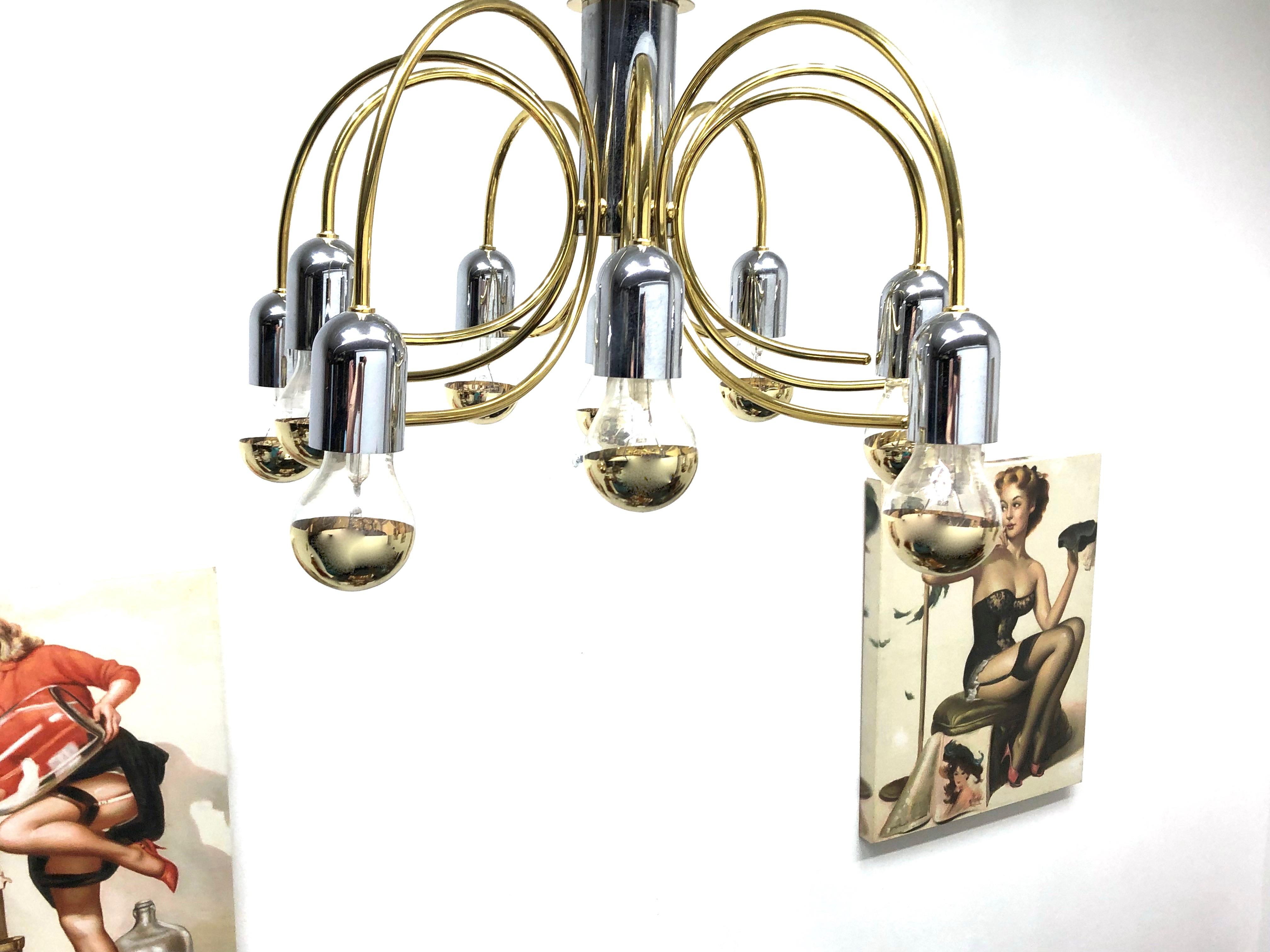 Mid-Century Modern Cosack Leuchten Modernist Sputnik Brass and Chrome 10-Light Flush Mount, 1970s For Sale