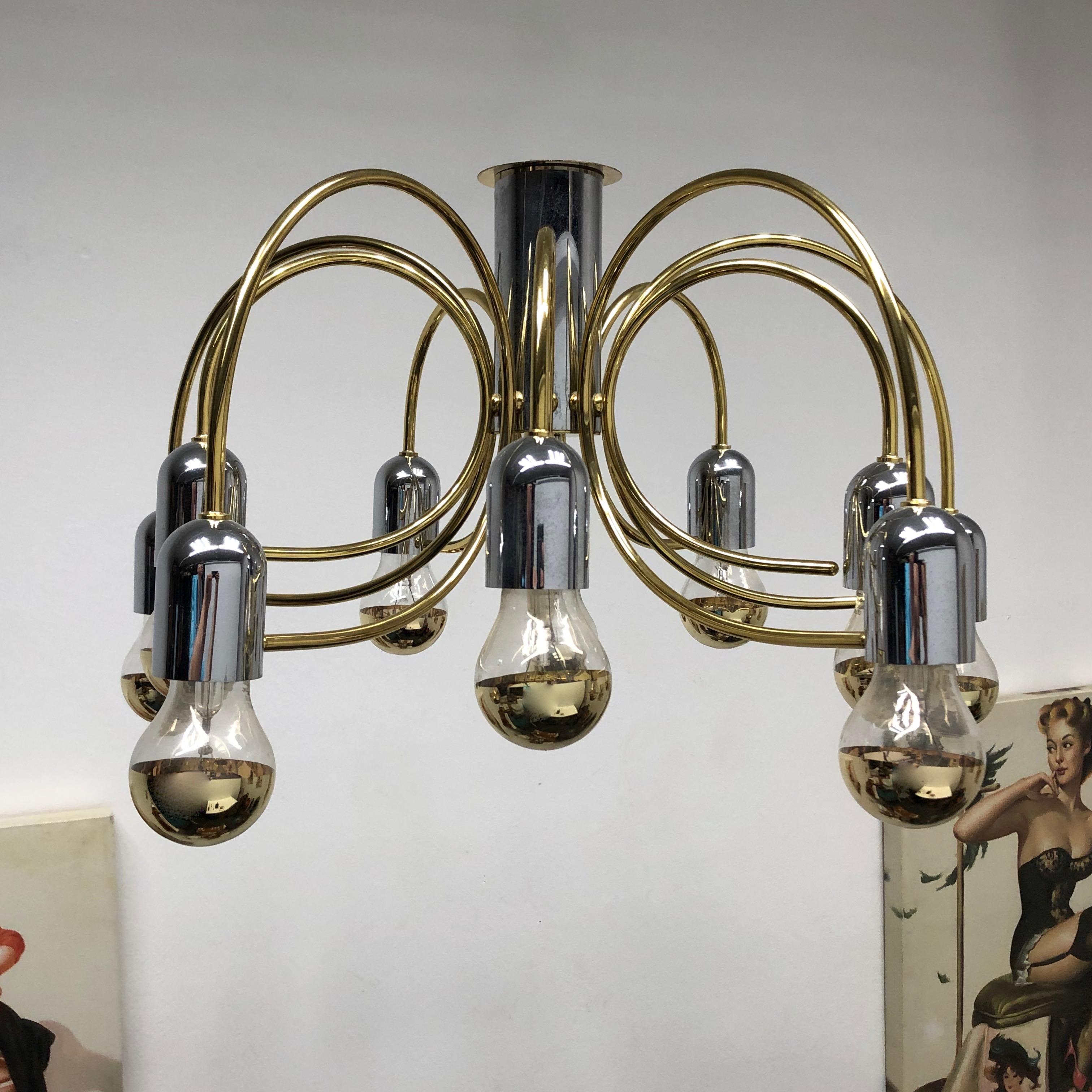 German Cosack Leuchten Modernist Sputnik Brass and Chrome 10-Light Flush Mount, 1970s For Sale