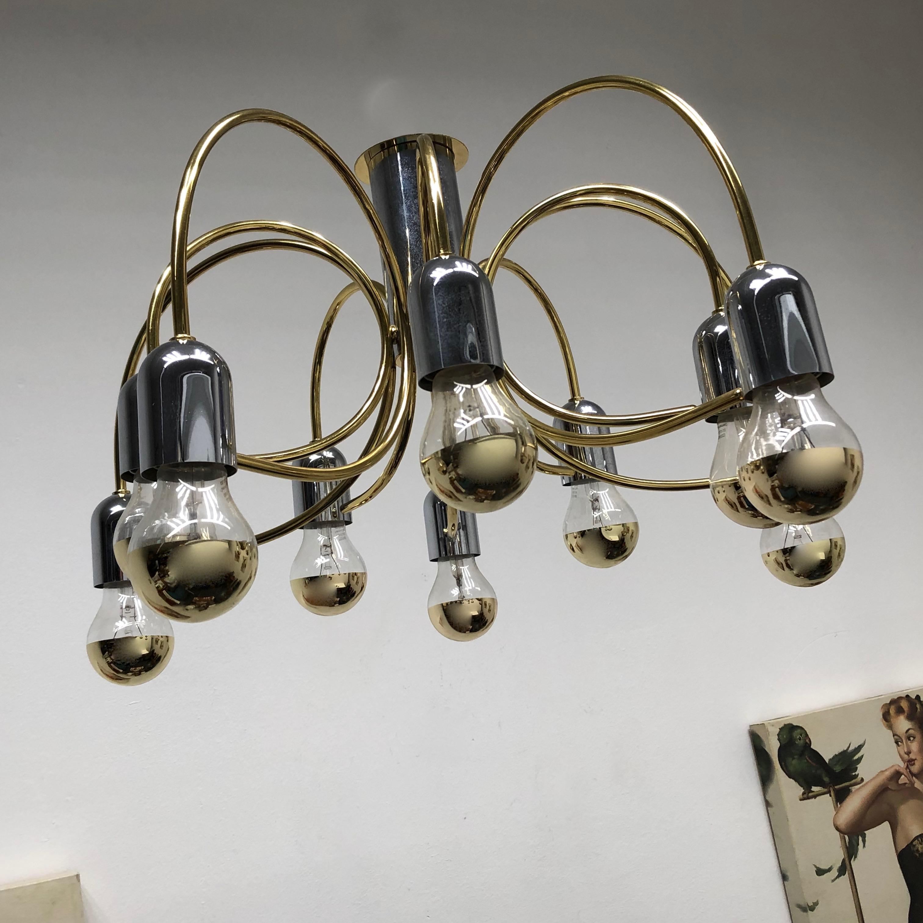 Late 20th Century Cosack Leuchten Modernist Sputnik Brass and Chrome 10-Light Flush Mount, 1970s For Sale