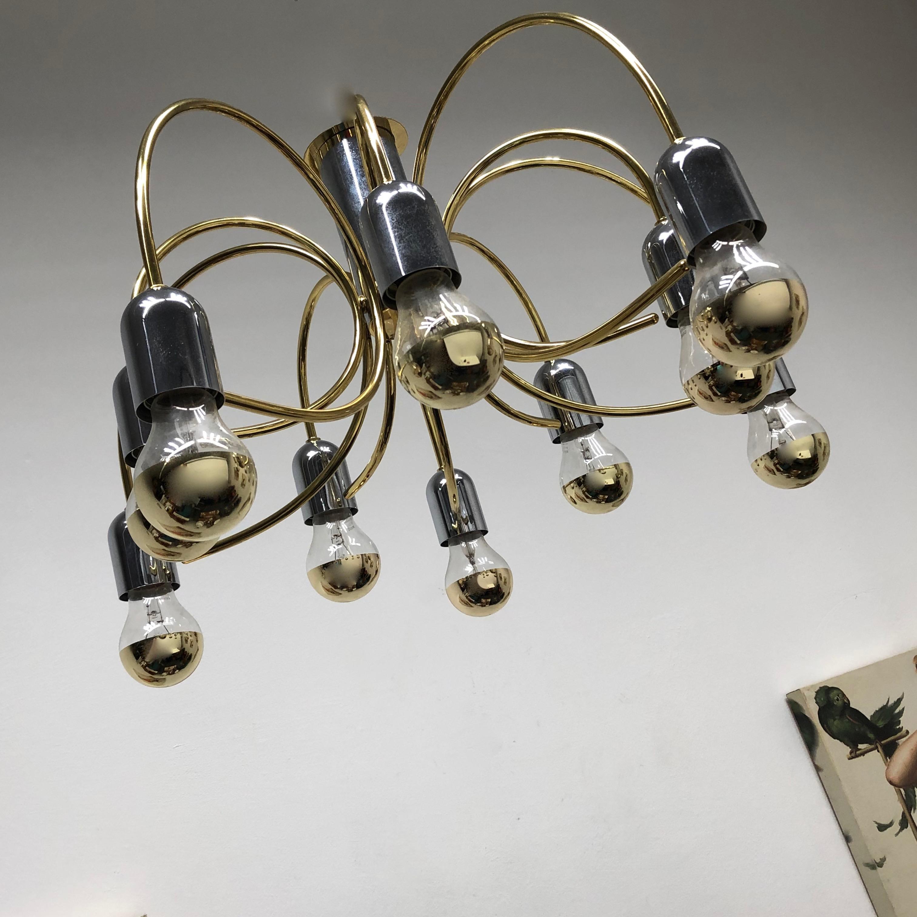Metal Cosack Leuchten Modernist Sputnik Brass and Chrome 10-Light Flush Mount, 1970s For Sale