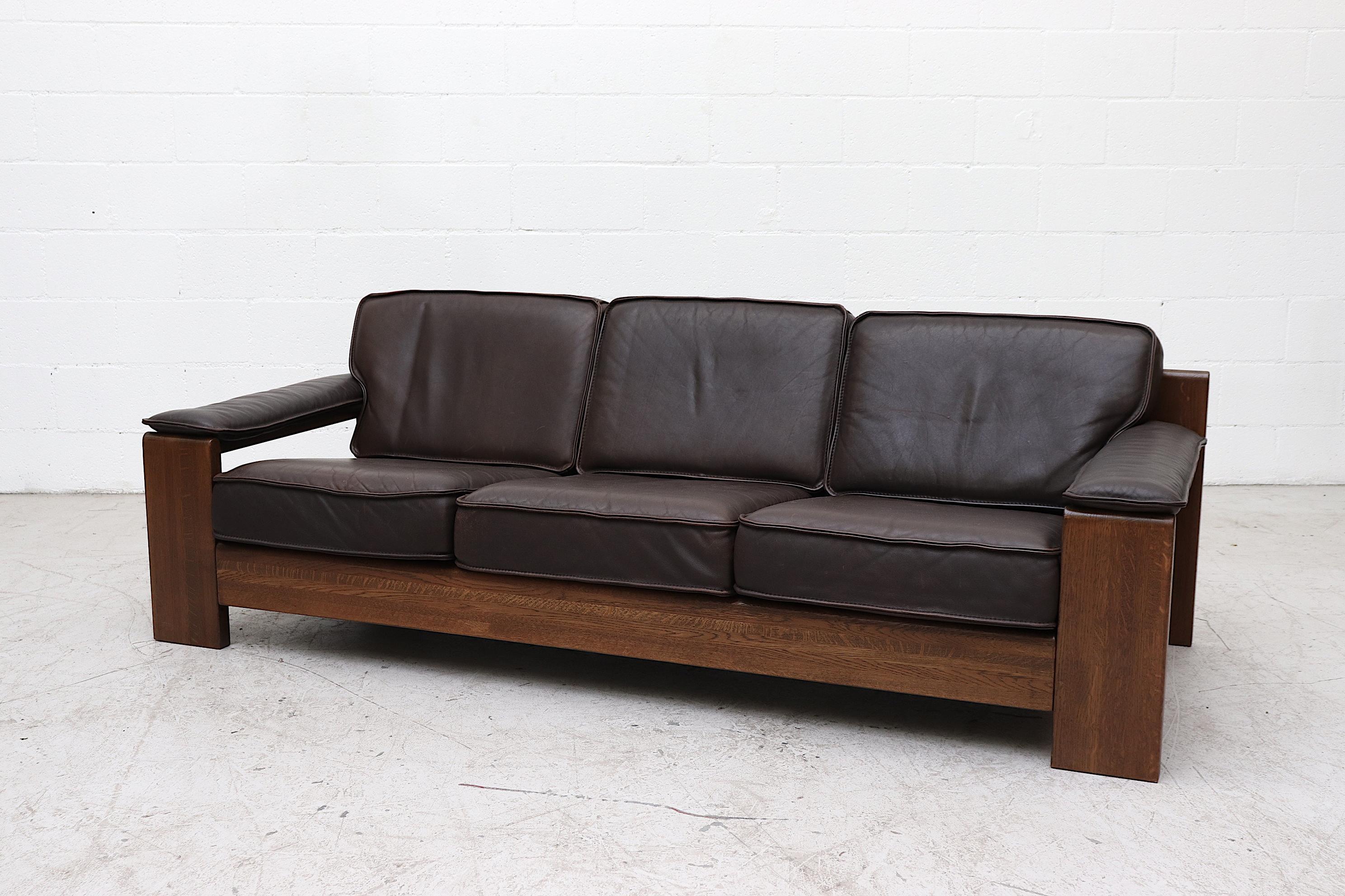 Mid-Century Modern Leolux 3 Seater Leather and Oak Sofa