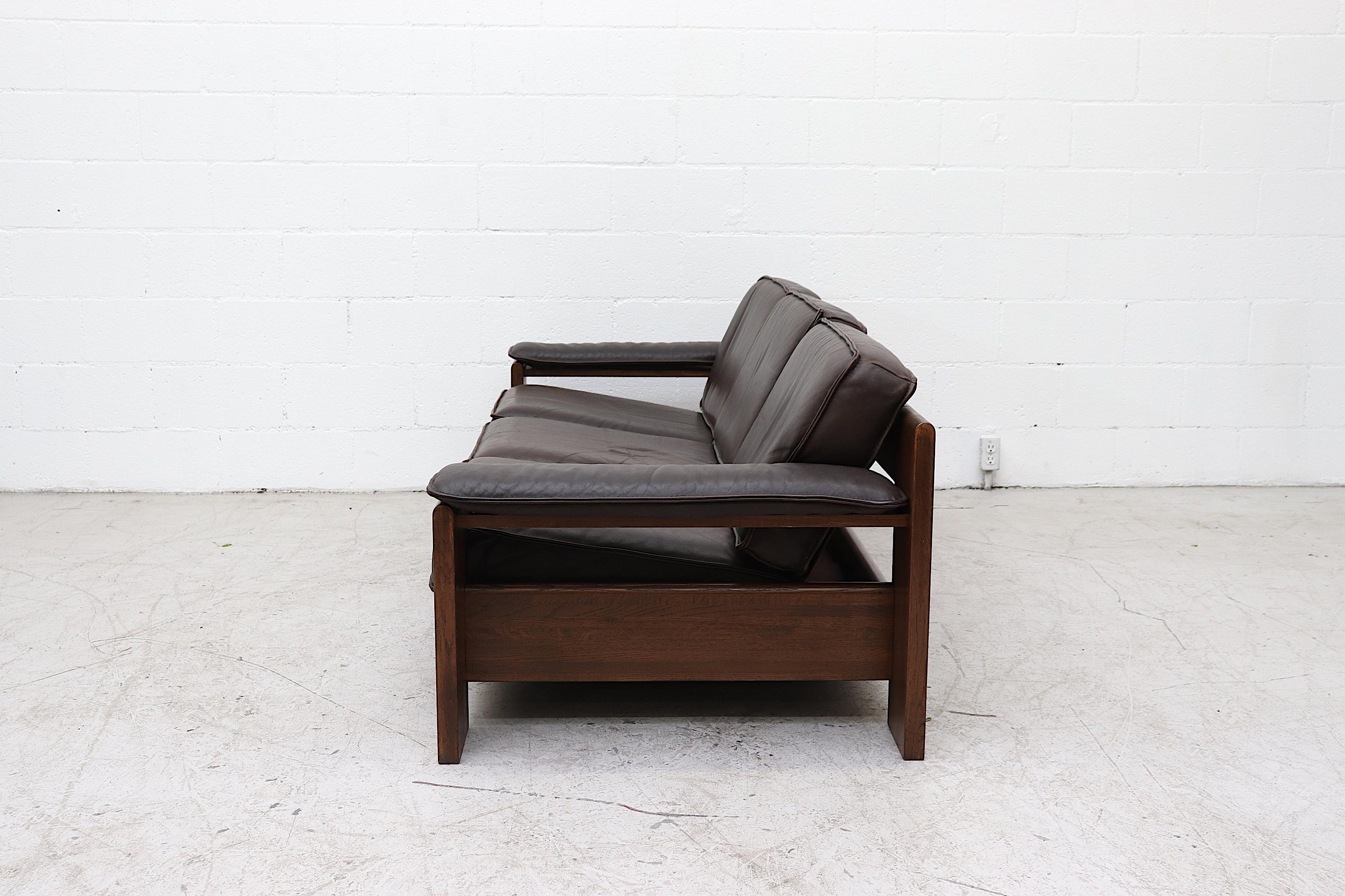 Dutch Leolux 3 Seater Leather and Oak Sofa