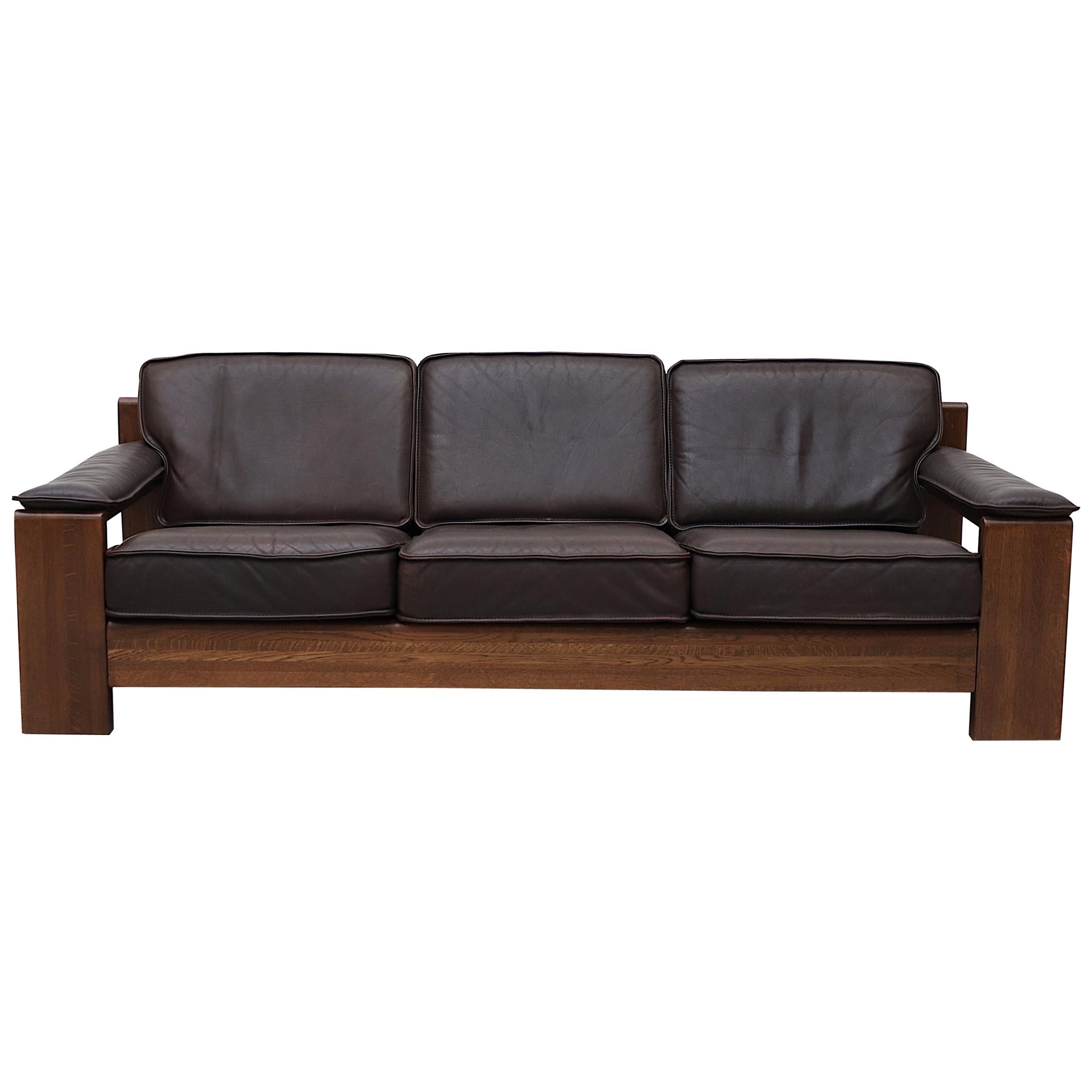 Leolux 3 Seater Leather and Oak Sofa