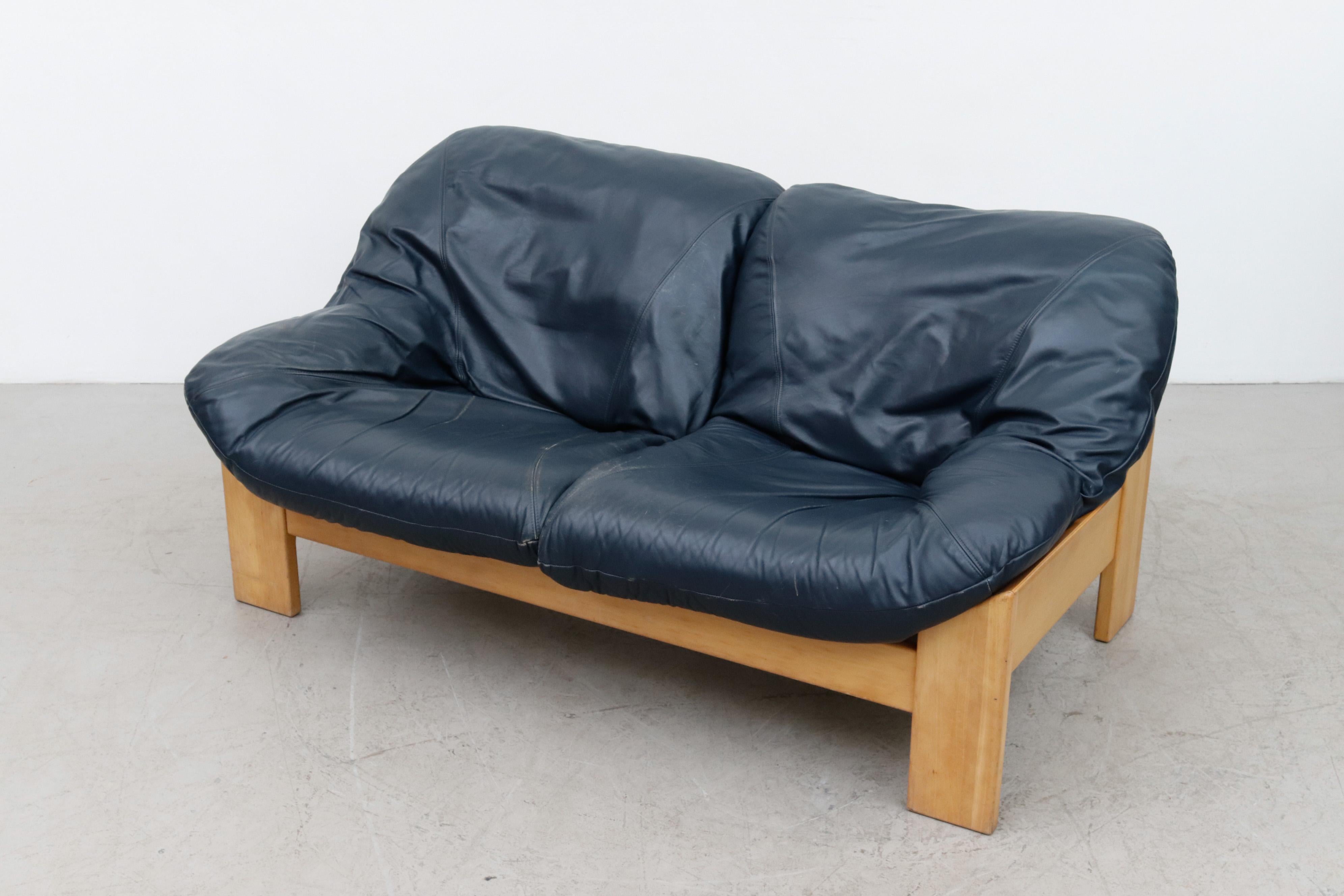 Mid-Century Modern Leolux Blue Leather Bucket Loveseat