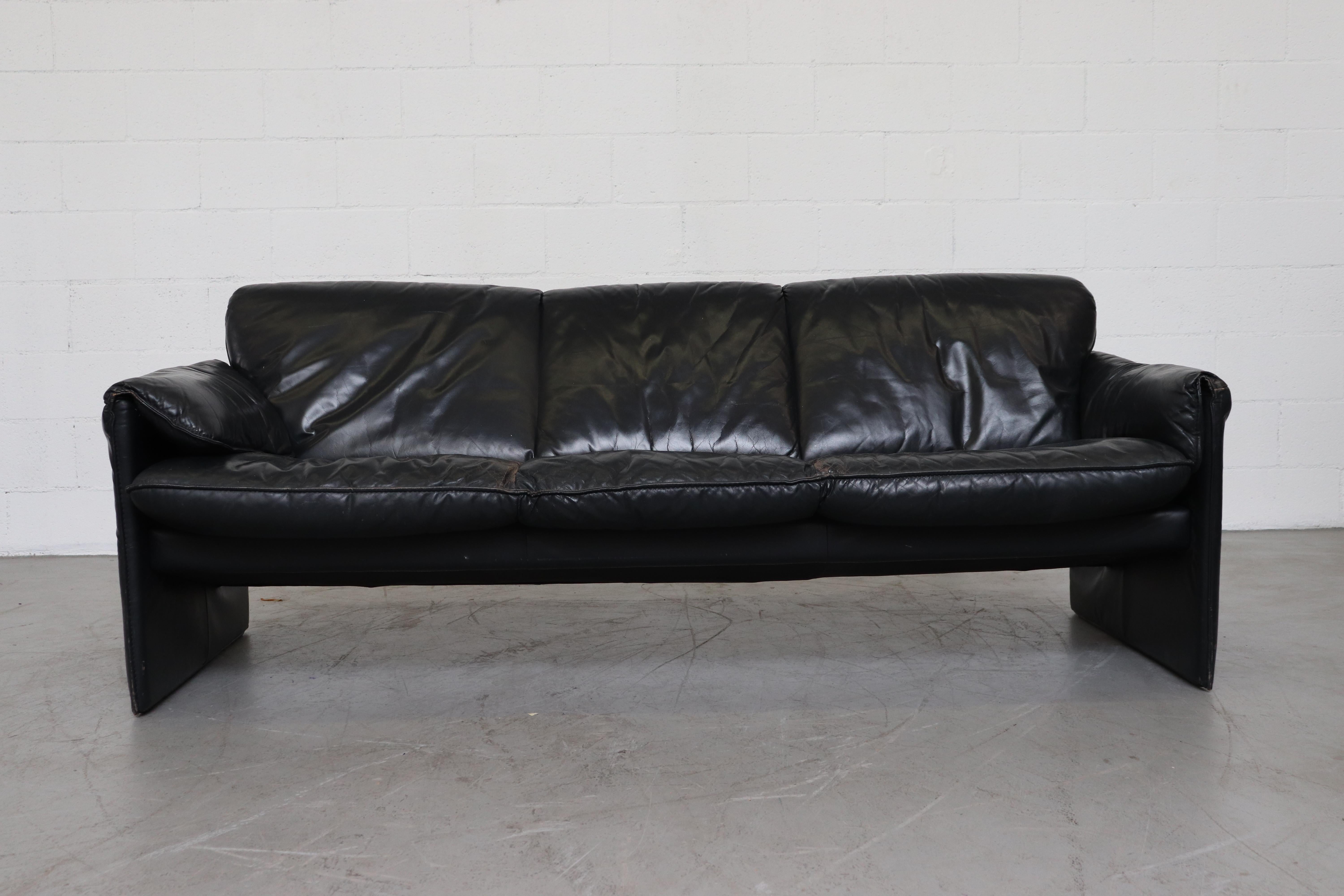 Mid-Century Modern Leolux 'Bora Bora' Black Leather 3-Seat Sofa