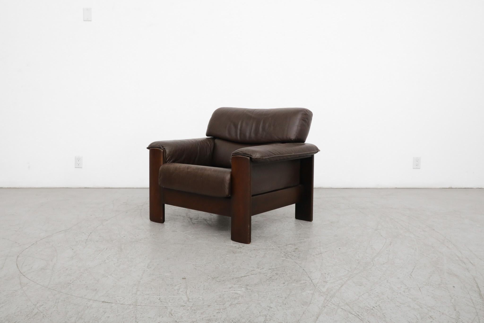 Mid-Century Modern 1960's Leolux Brown Leather Lounge Chair with Dark Stained Oak Frame For Sale