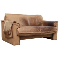 Leolux Buffalo Leather Loveseat with Side Saddle