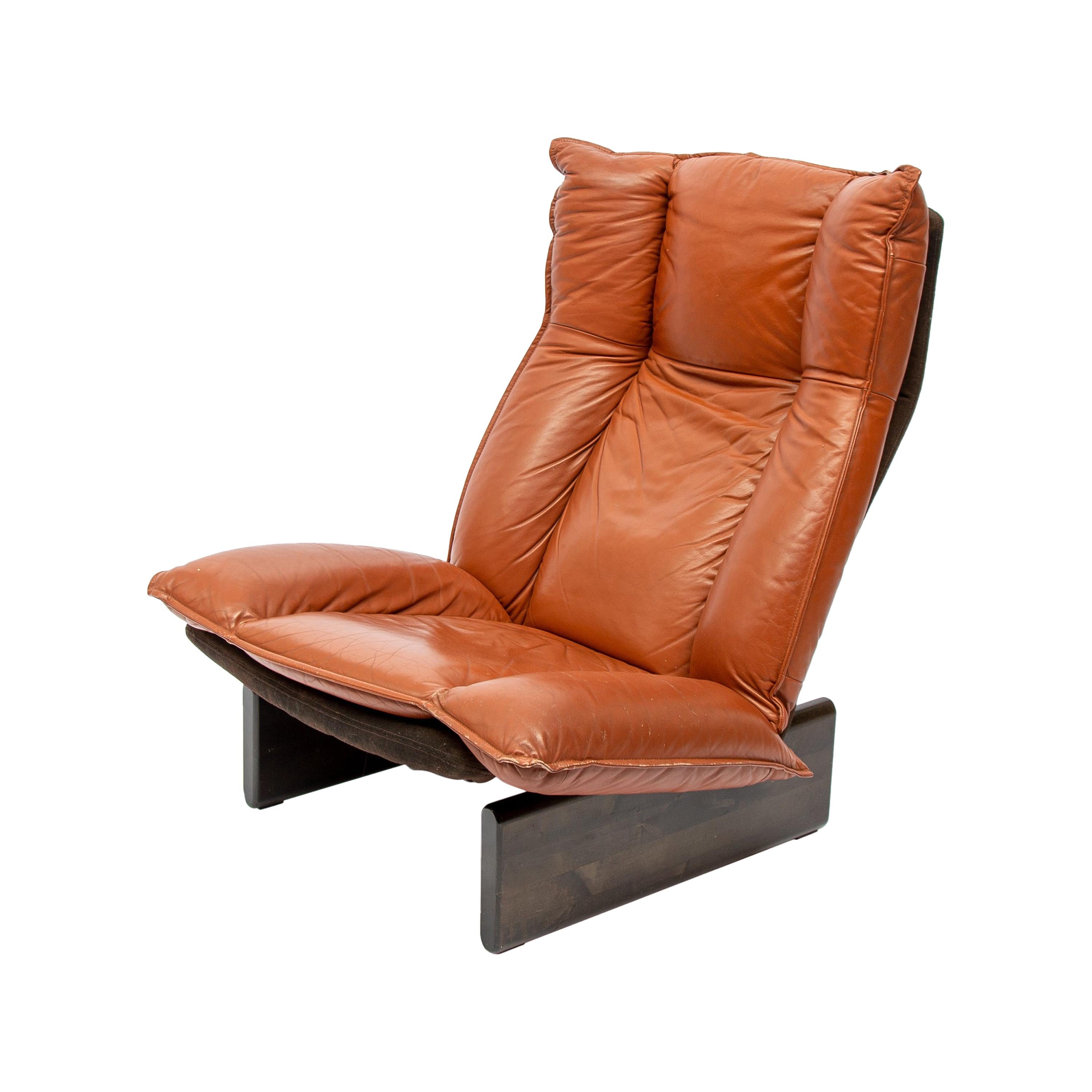 Cognac Leolux Leather And Wood Lounge Chair, Dutch Modern, 1970s