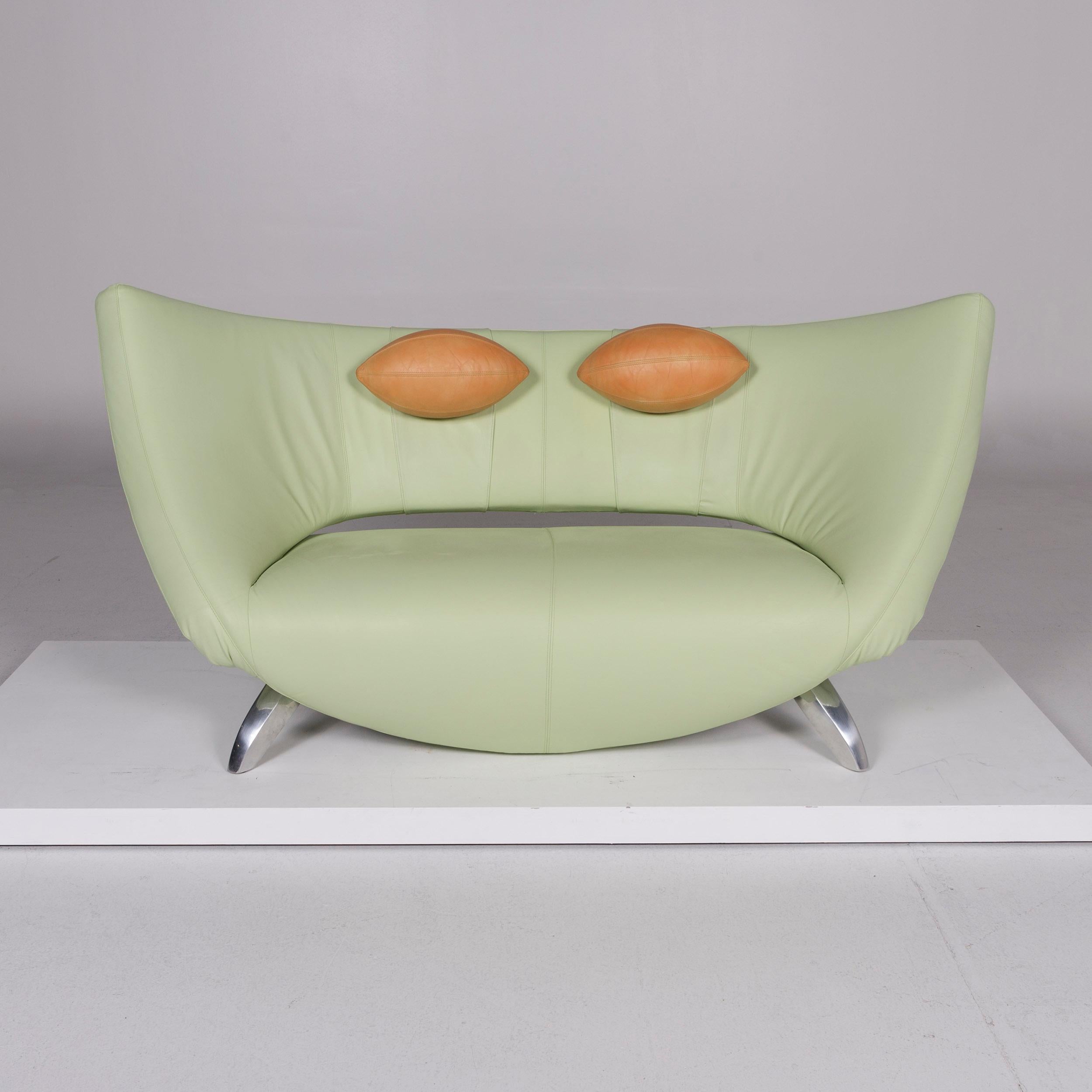 Contemporary Leolux Danaide Leather Sofa Green Pistachio Green Electric Function Couch
