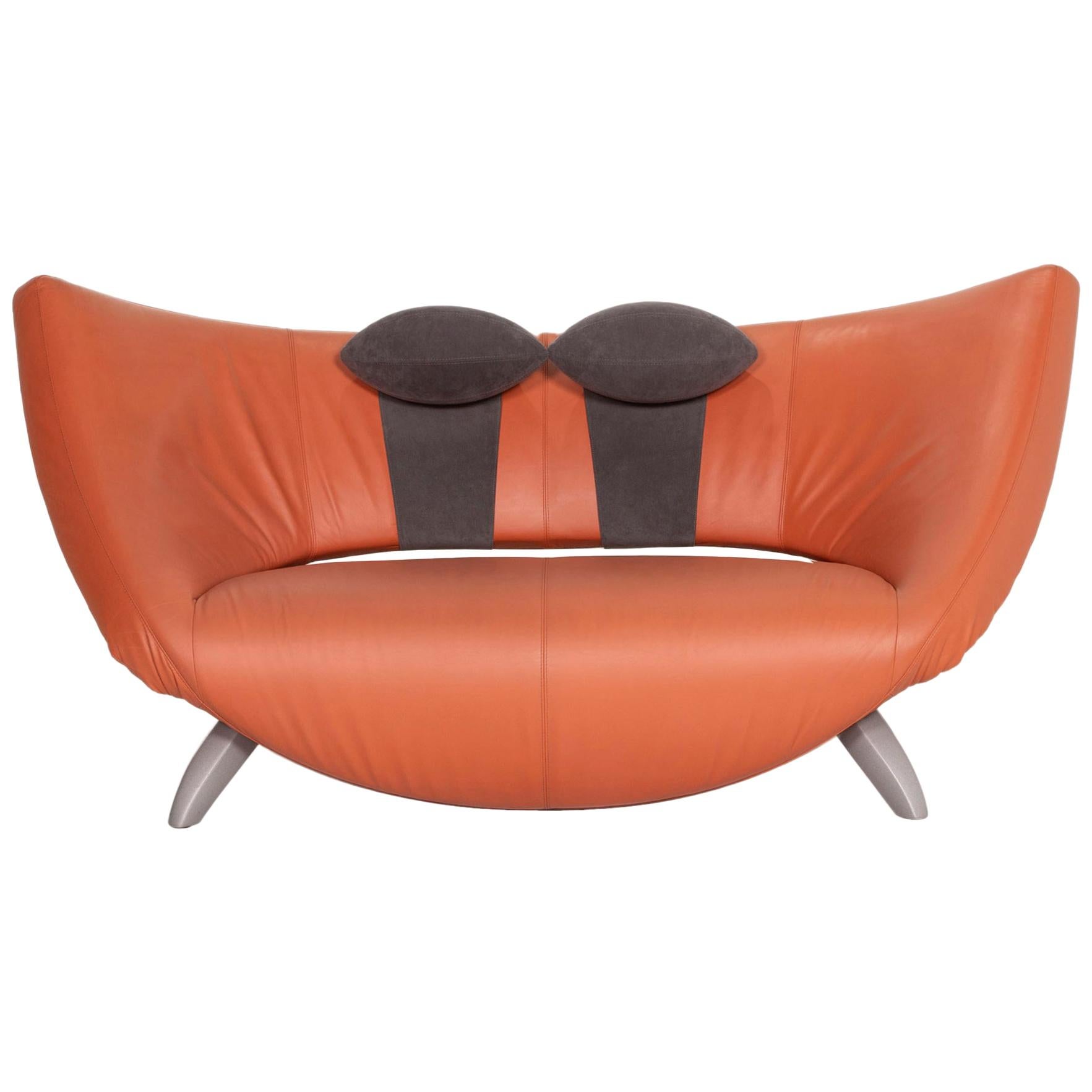 Leolux Danaide Orange Leather Sofa Two-Seater Electrical Function