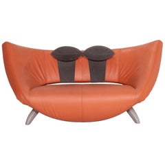 Leolux Danaide Orange Leather Sofa Two-Seater Electrical Function
