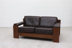 Leolux Leather and Oak Sofa Loveseat