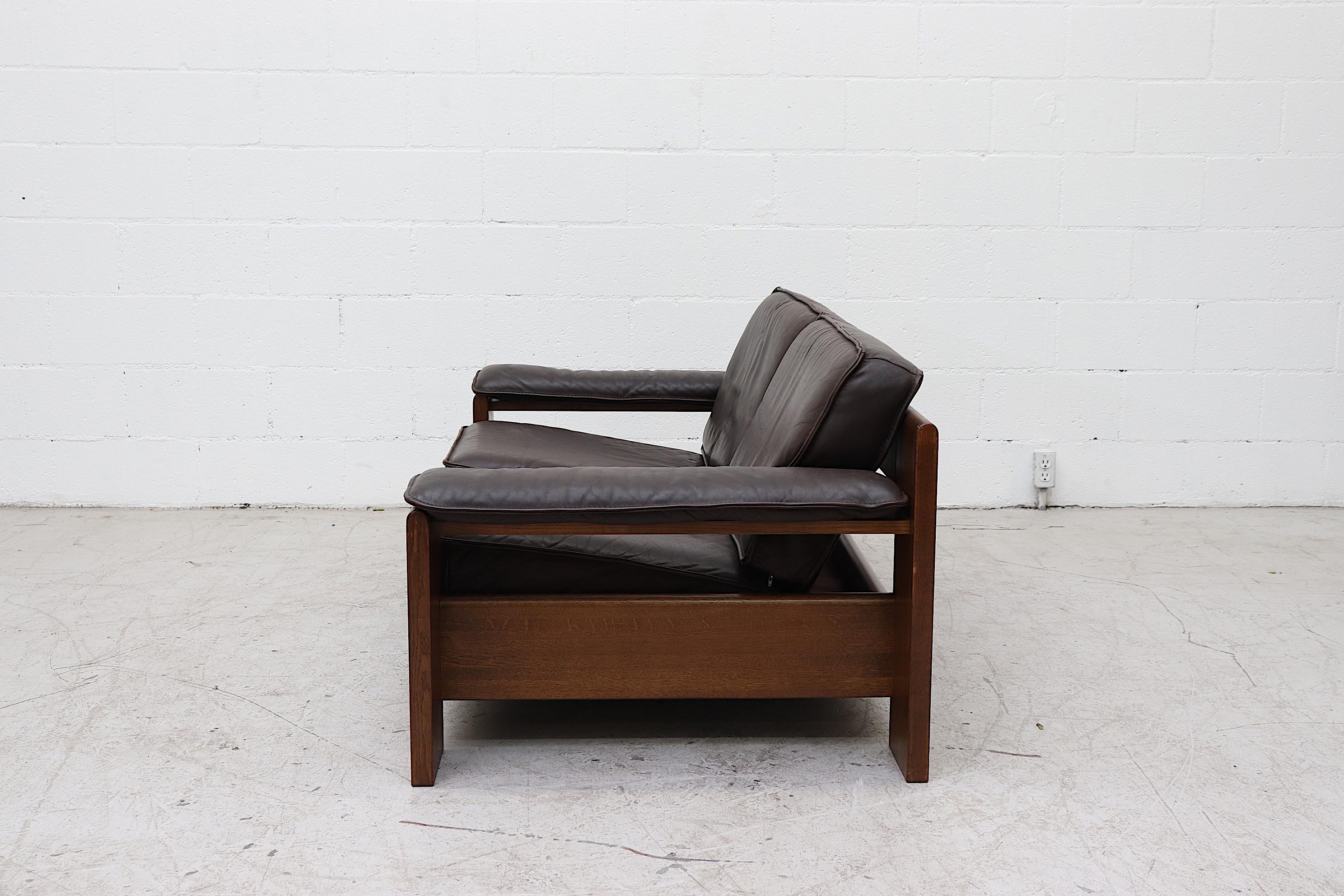 Mid-Century Modern Leolux Leather and Oak Sofa Loveseat