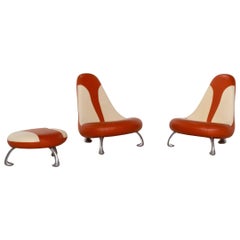 Leolux Leather Armchairs Set Orange Stools