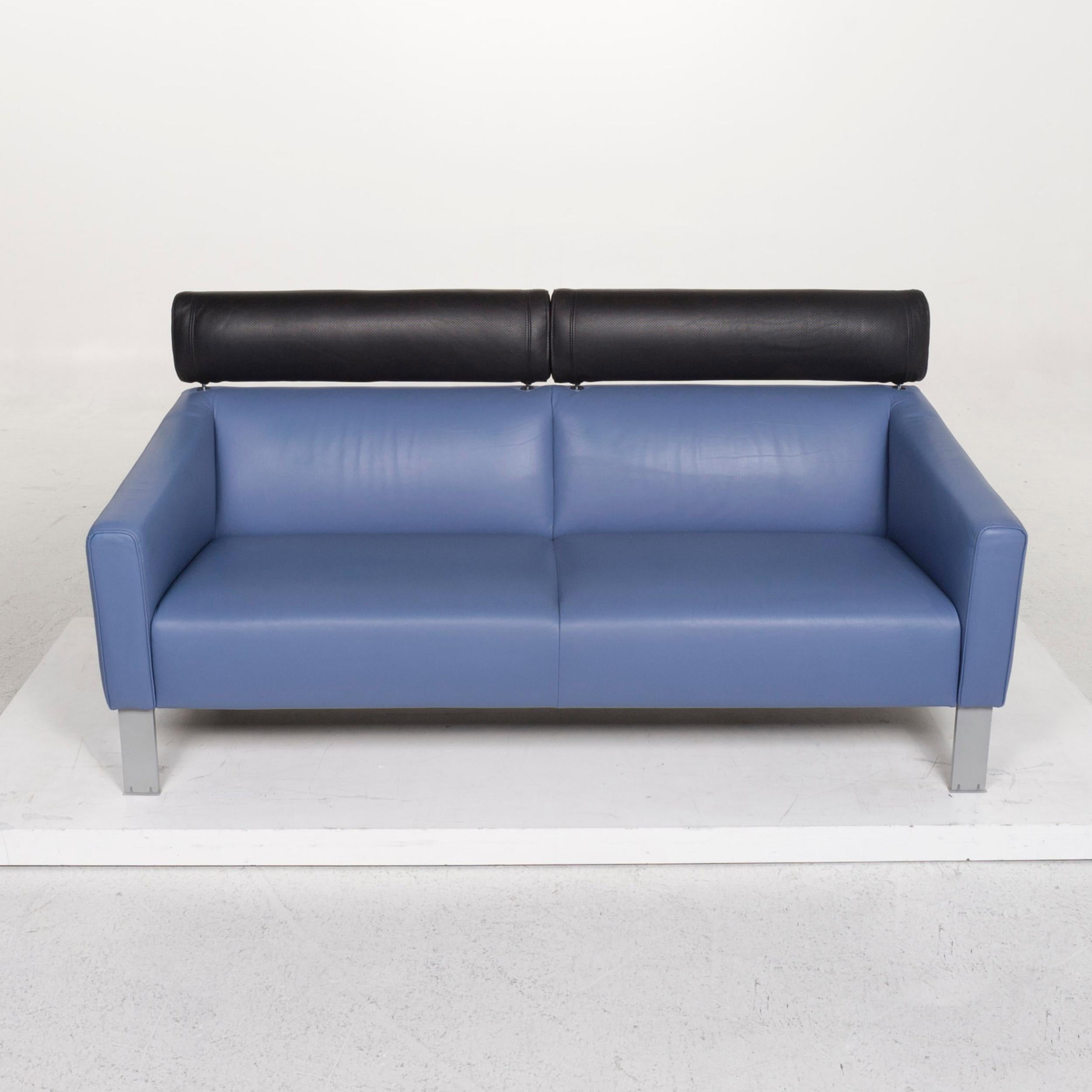 Leolux Leather Sofa Blue Two-Seat Function Couch For Sale 2