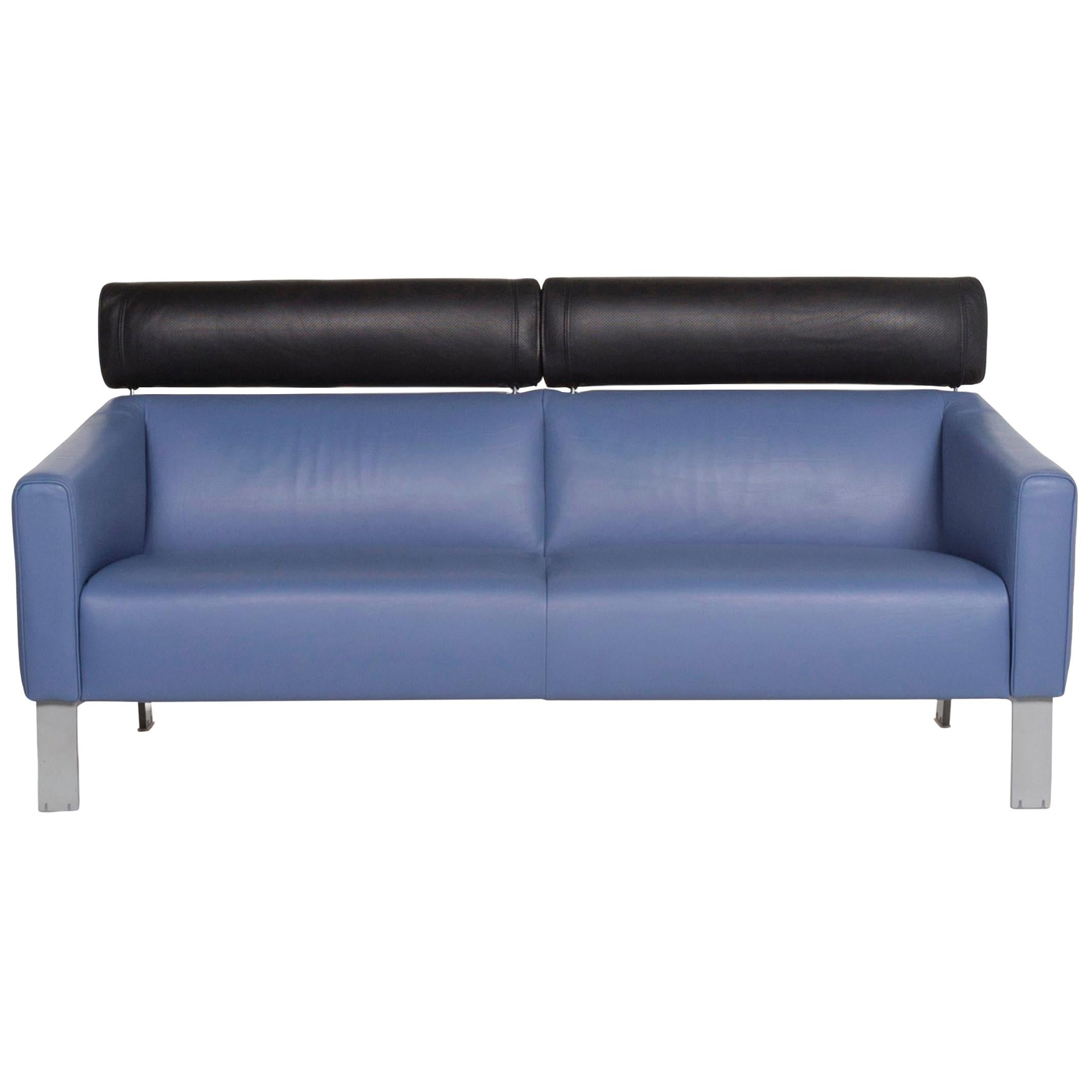 Leolux Leather Sofa Blue Two-Seat Function Couch For Sale