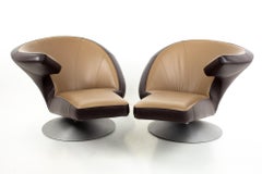 Leolux Leather Swivel Chaise Lounge Chairs, Pair