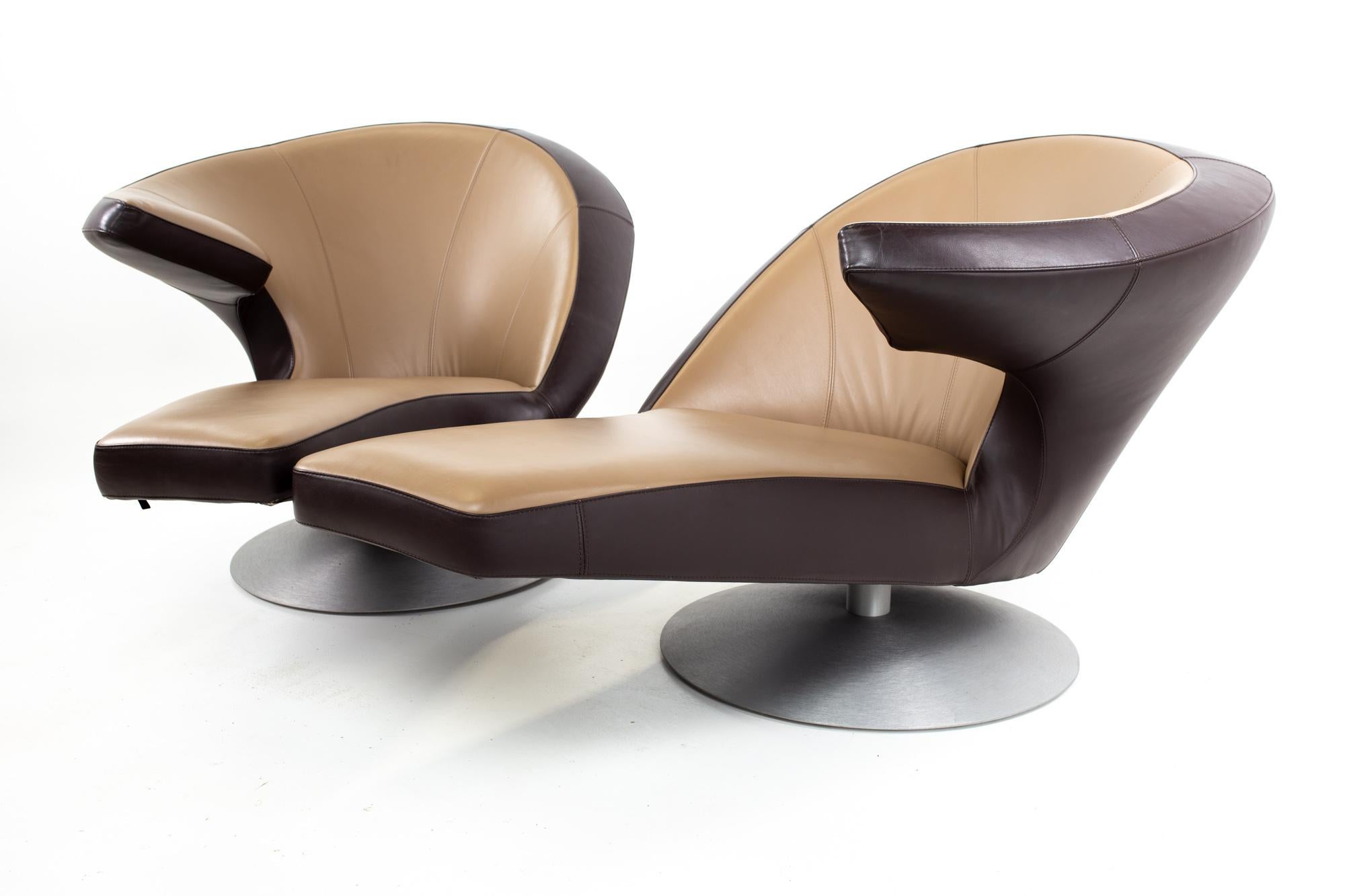 Other Leolux Leather Swivel Chaise Lounge Chairs, Pair