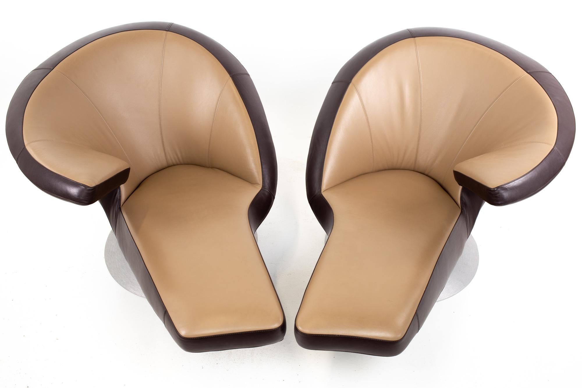 Dutch Leolux Leather Swivel Chaise Lounge Chairs, Pair