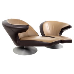 Leolux Leather Swivel Chaise Lounge Chairs, Pair