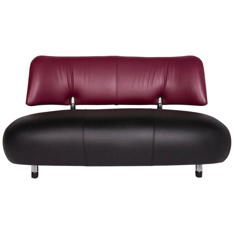 Leolux Pallone Leather Sofa Black Purple Two Seat Couch For Sale