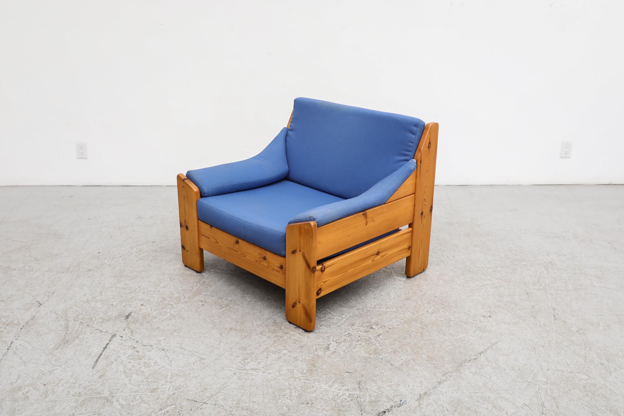 Dutch Leolux Pine Lounge Chair with Original Blue Cushions