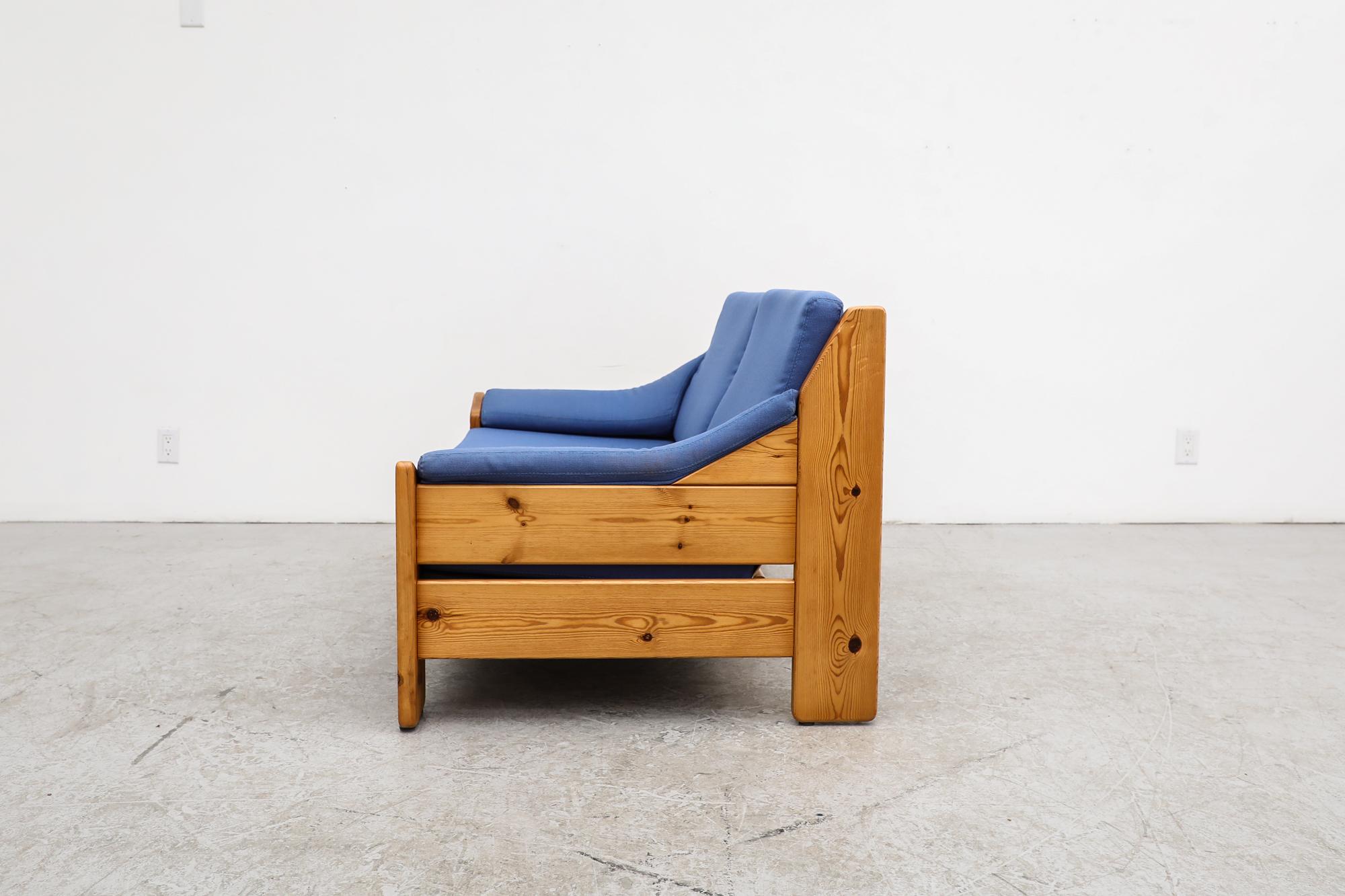 Mid-Century Modern Leolux Pine Loveseat with Original Blue Cushions