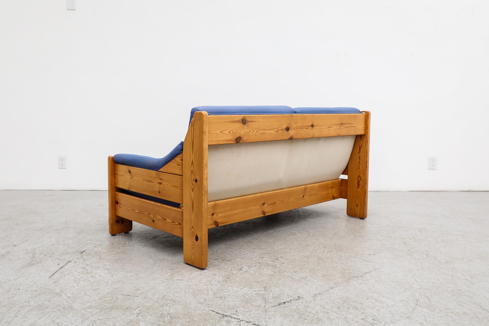 Dutch Leolux Pine Loveseat with Original Blue Cushions
