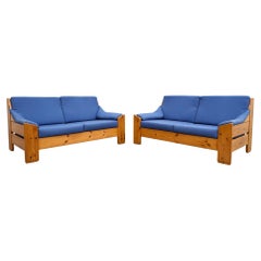 Leolux Pine Loveseat with Original Blue Cushions