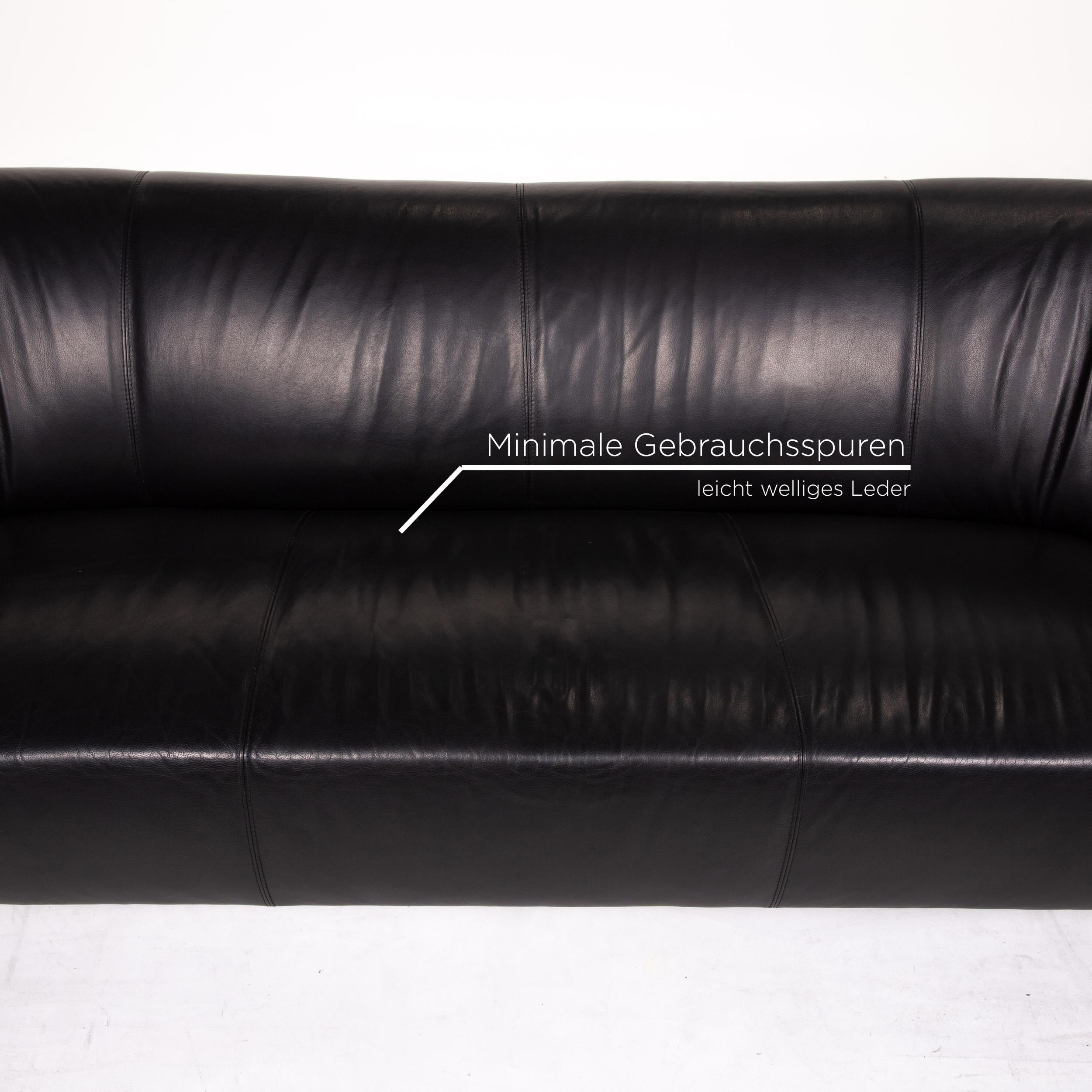 Dutch Leolux Pupilla Leather Sofa Black Three-Seat Couch For Sale