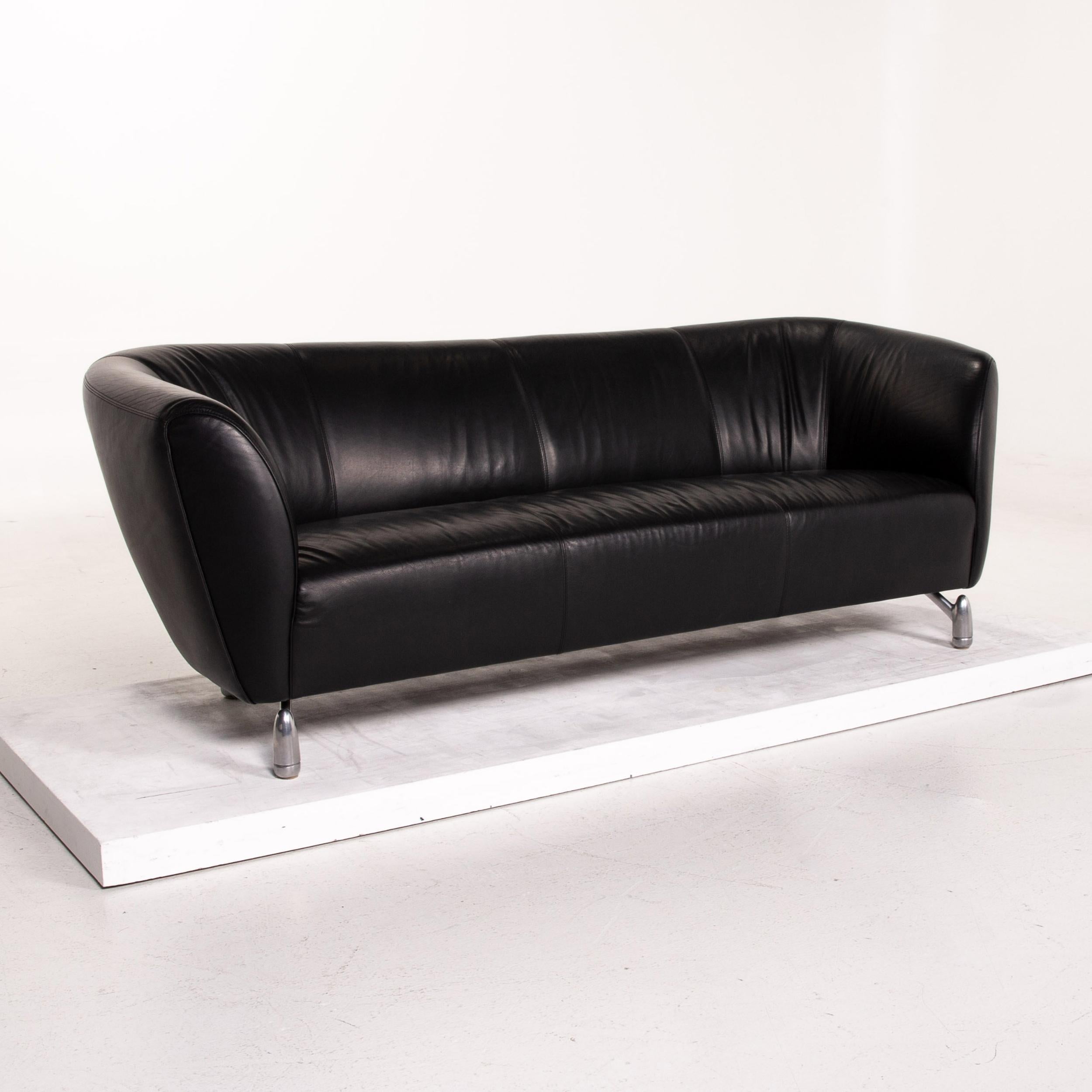 Leolux Pupilla Leather Sofa Black Three-Seat Couch For Sale 1
