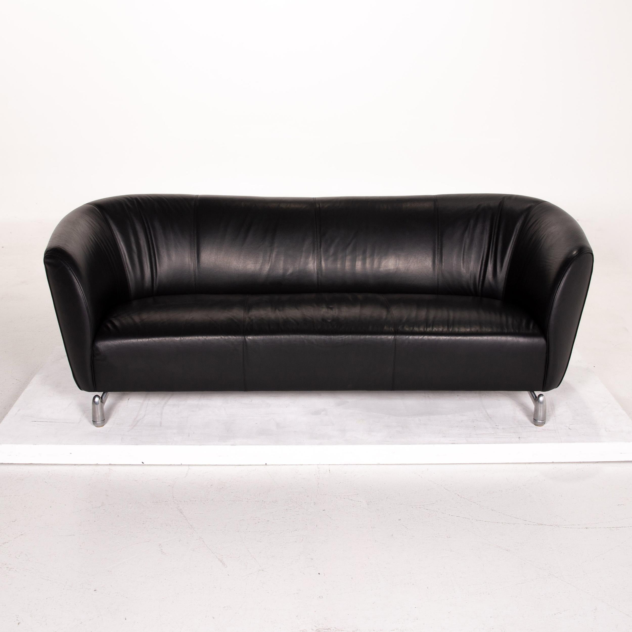 Leolux Pupilla Leather Sofa Black Three-Seat Couch For Sale 2