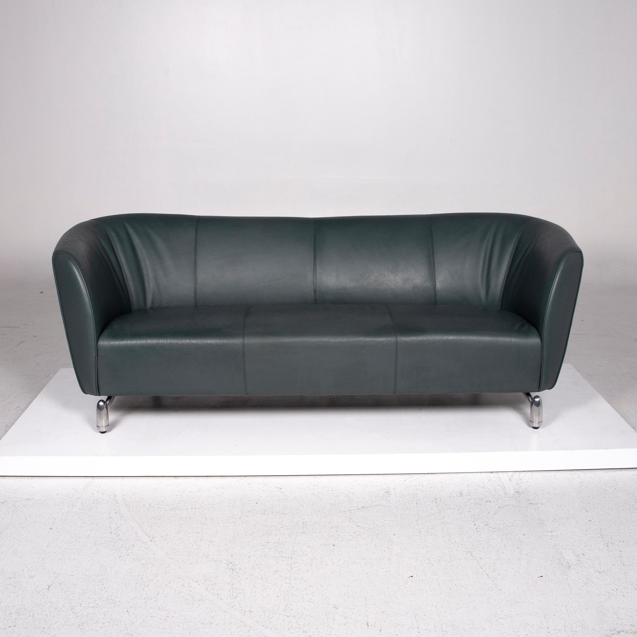 Dutch Leolux Pupilla Leather Sofa Green Three-Seat Couch