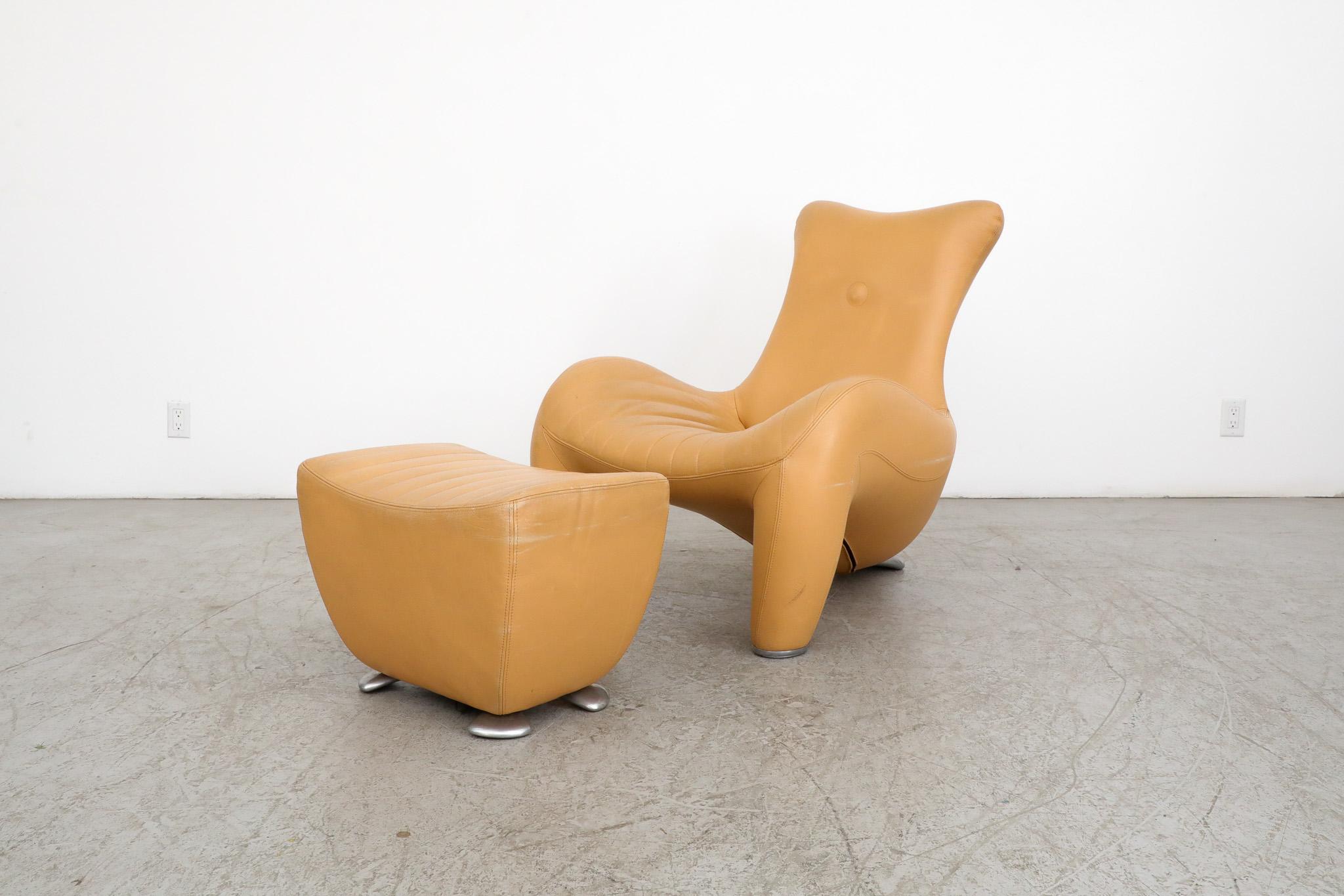 Beautiful 'Balou' lounge chair with ottoman in a sand-colored leather with brushed aluminum feet by Jane Worthington for Leolux. Jane Worthington (1969, UK) graduated from the prestigious De Monfort University in 1990 and moved to the Netherlands to