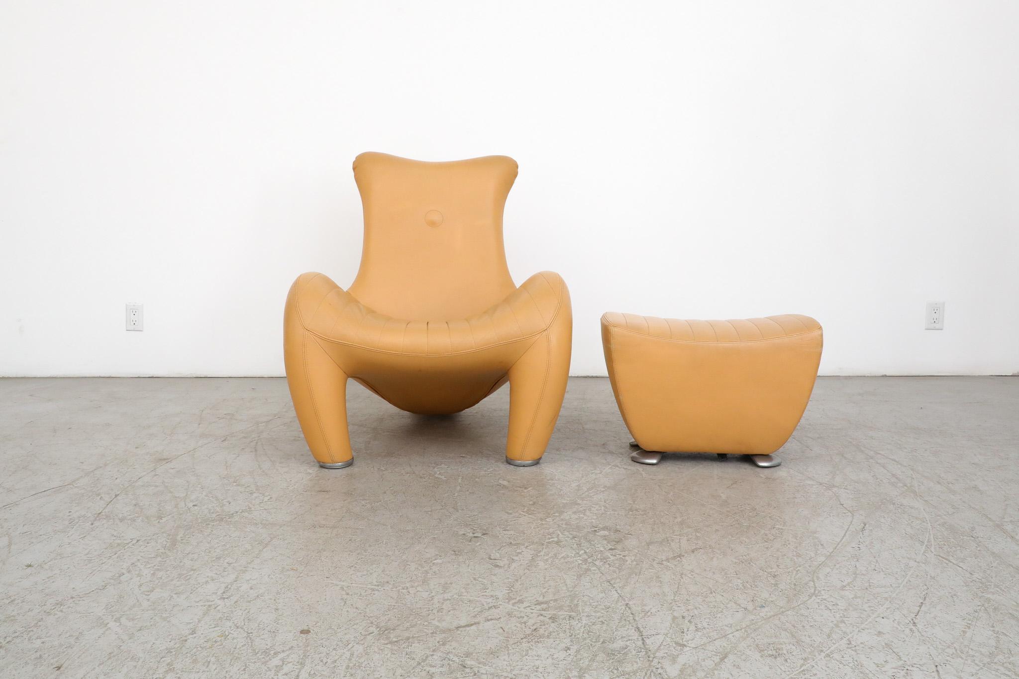 Dutch Leolux Sand Leather Balou Lounge Chair with Ottoman For Sale