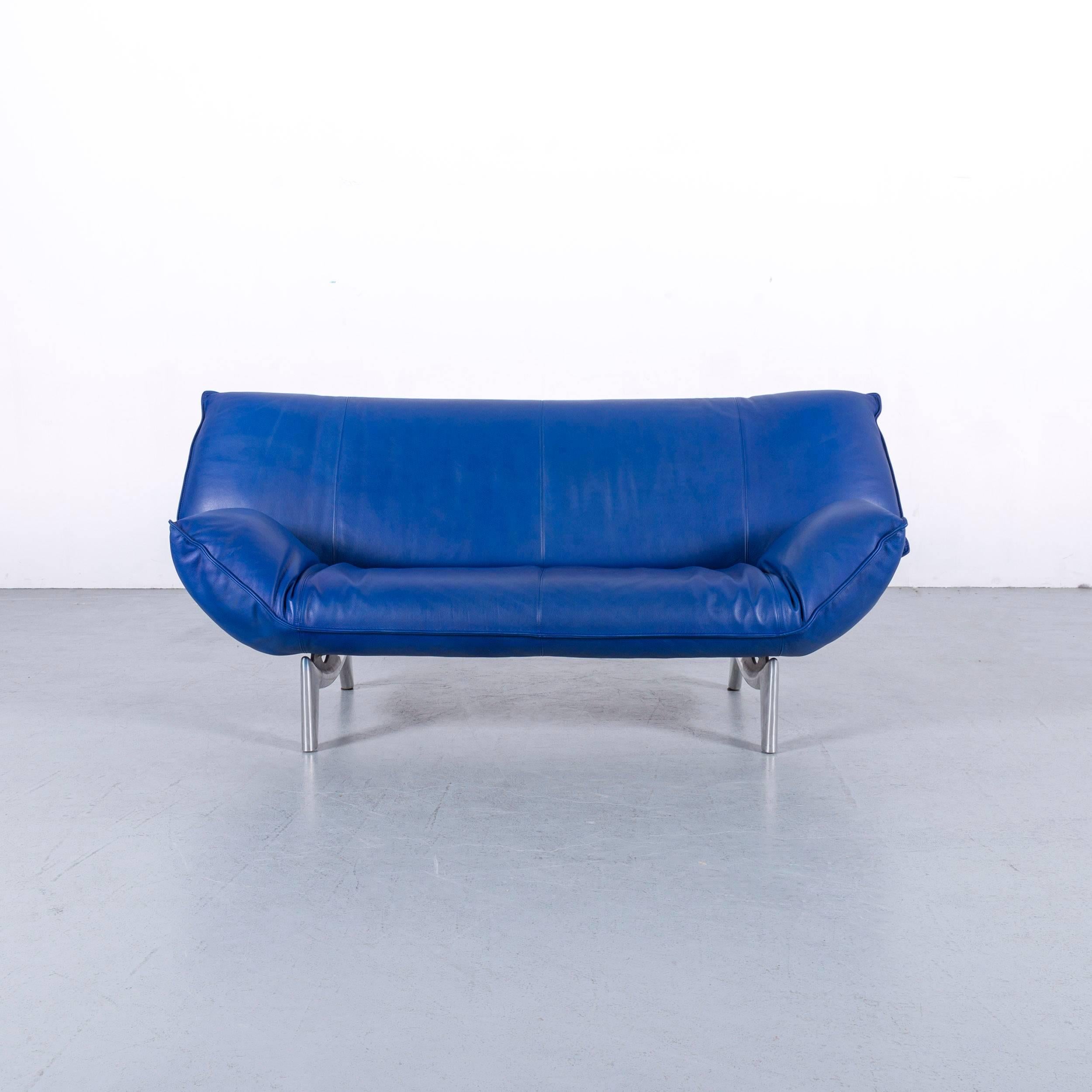German Leolux Tango Designer Sofa Leather Blue Two-Seat Couch Modern For Sale