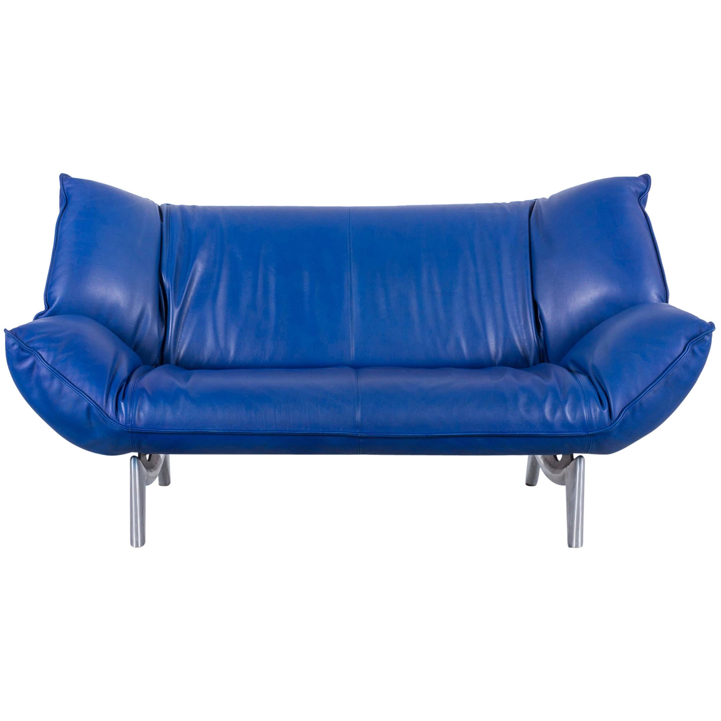 Leolux Tango Designer Sofa Leather Blue Two-Seat Couch Modern For Sale