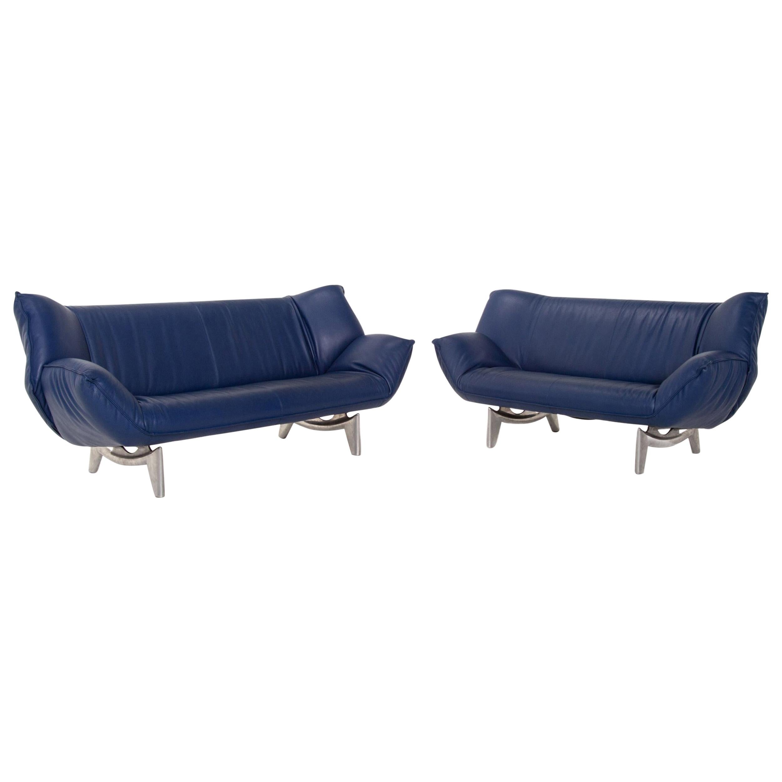 Leolux Tango Leather Sofa Set Blue Dark Blue 1 Three-Seat 1 Two-Seat For Sale