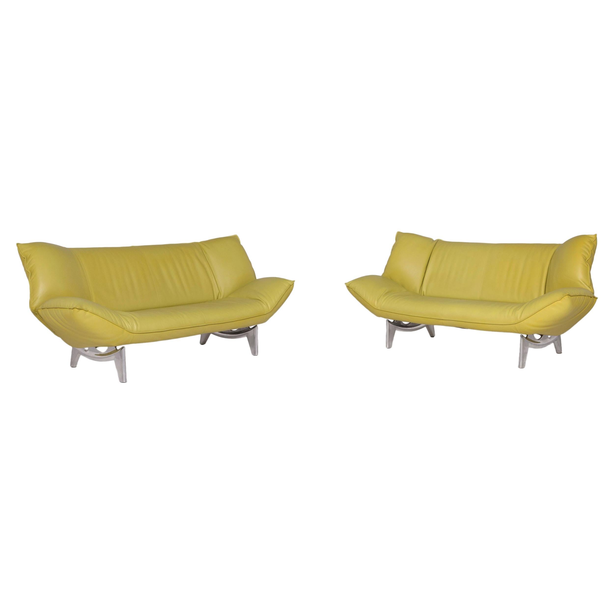 Leolux Tango Leather Sofa Set Green Lime Green 1 Three-Seat 1 Two-Seat