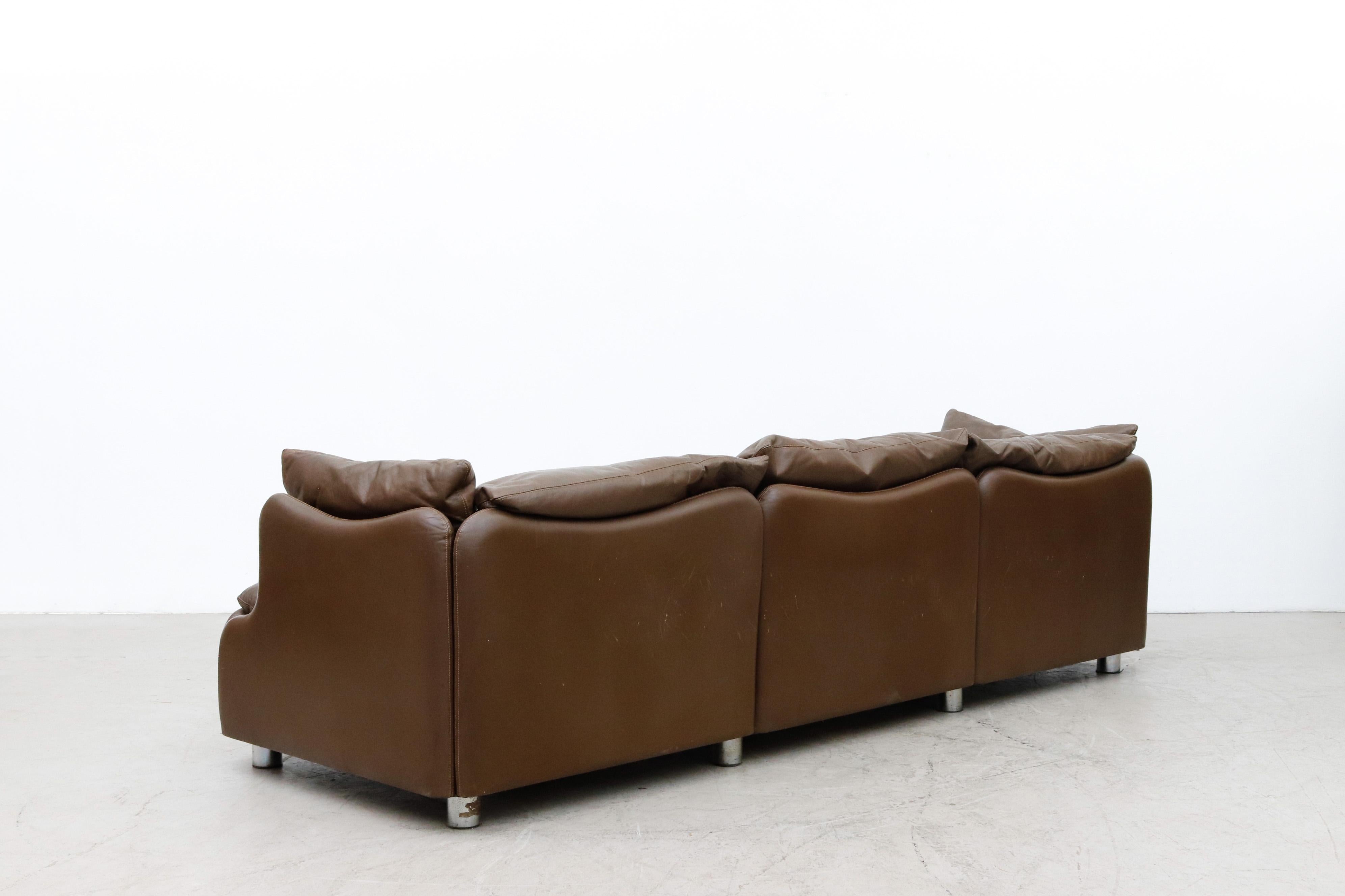 Dutch Leolux Wave Frame Sofa in Brown Leather
