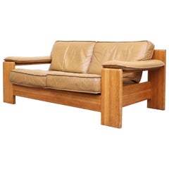 Leolux Wood Framed Leather Loveseat