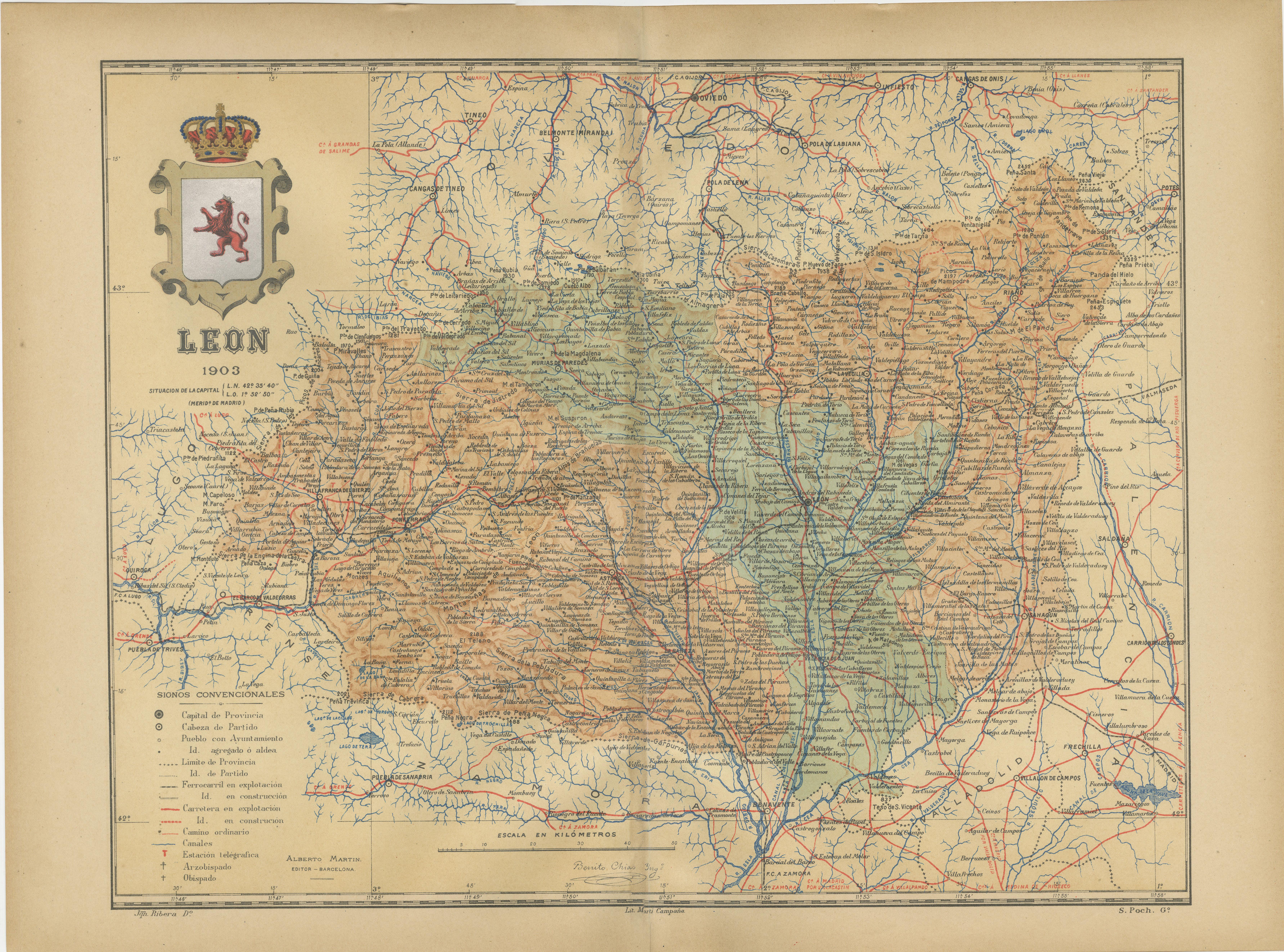 The map depicts the province of León, which is located in the northwest of Spain and forms part of the autonomous community of Castilla y León, as of 1903. Notable features of the map include:

- **Topography**: The province's varied landscape is
