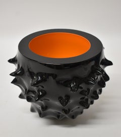 Leon Applebaum Modern Brutalist Hand Blown Glass Vase Black & Orange