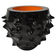 Leon Applebaum Modern Brutalist Hand Blown Glass Vase Black & Orange