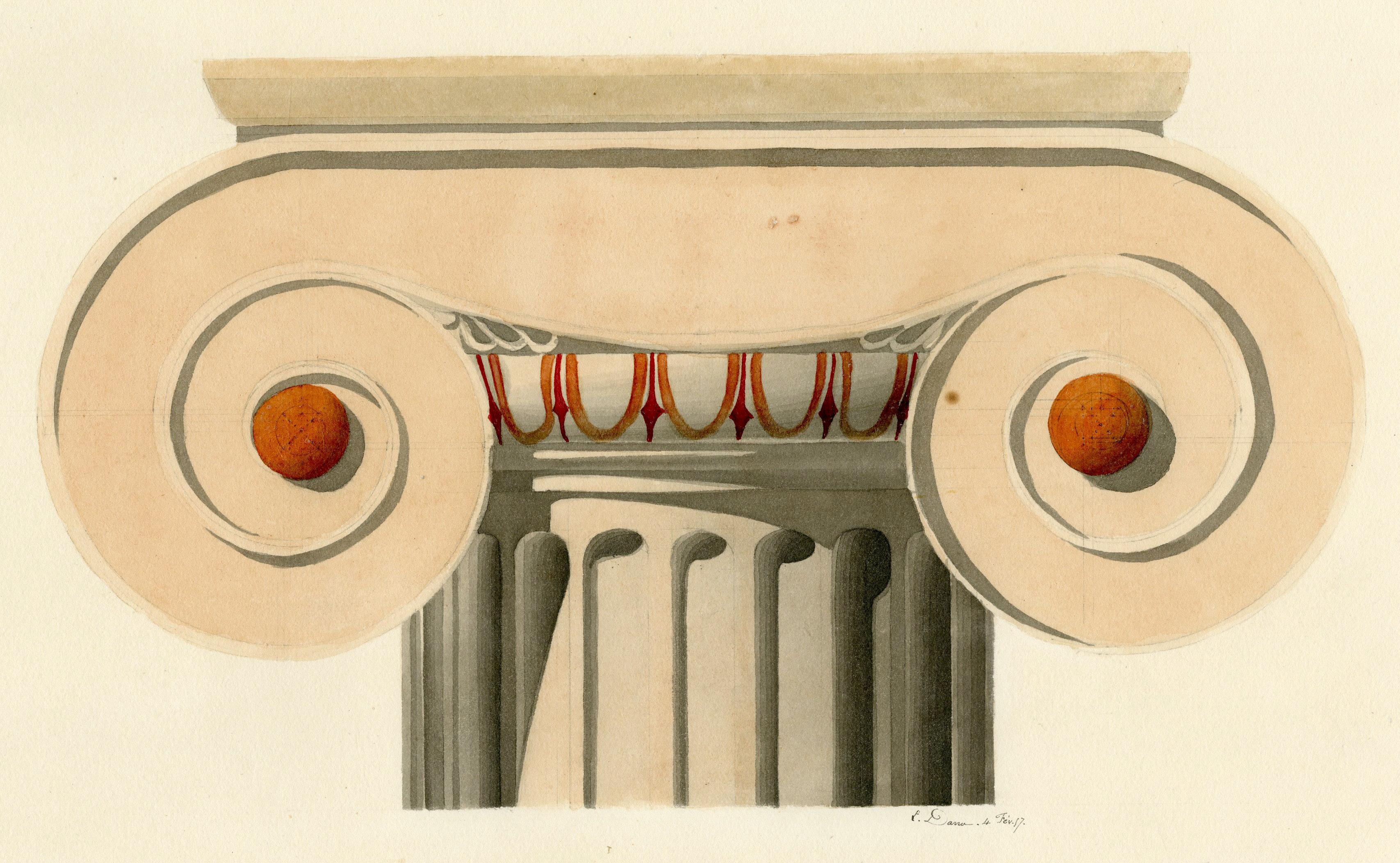 Ionic Column Capital
Graphite, wash, gouache and gum arabic, 4 Fev 57 (Feb 4 1857)
Signed and dated lower right (see photo)
Ionic columns are a classical architectural style characterized by their slender, fluted shafts and ornate capitals featuring